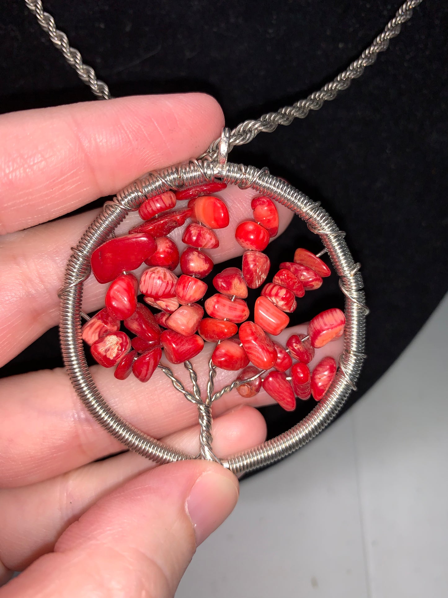 18" 4mm Rope chain with Red Coral Tree of Life Pendant