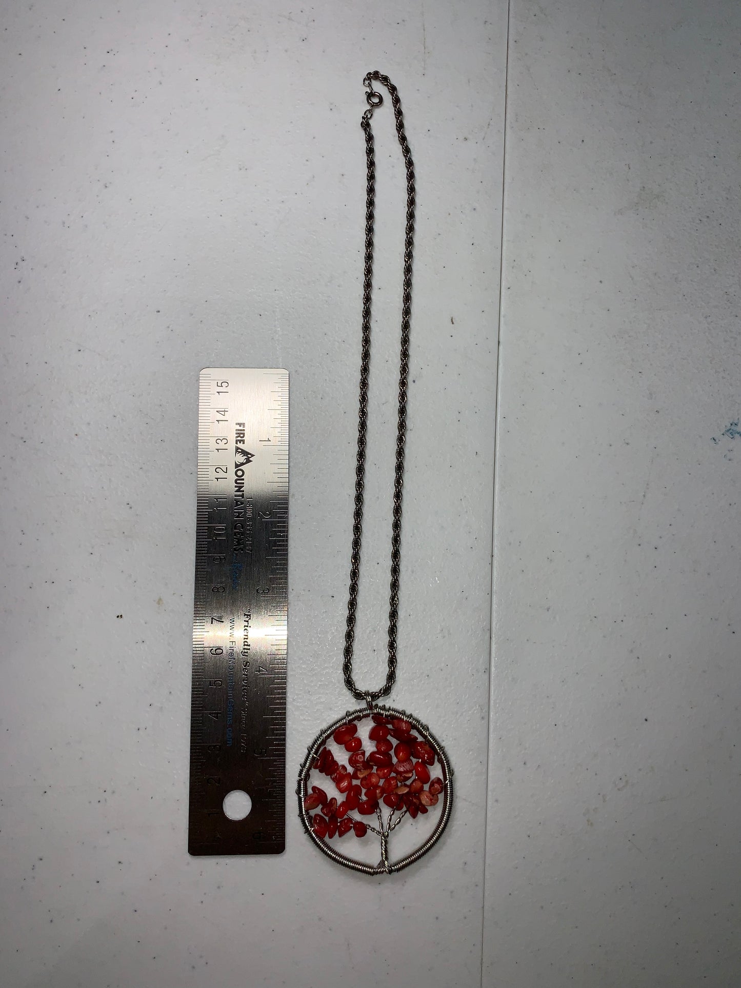 18" 4mm Rope chain with Red Coral Tree of Life Pendant