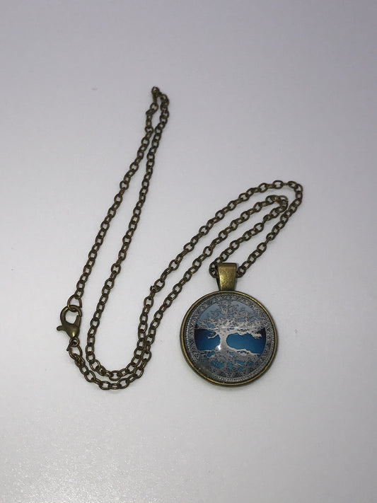 18" Blue Tree and Reflection Brass Necklace