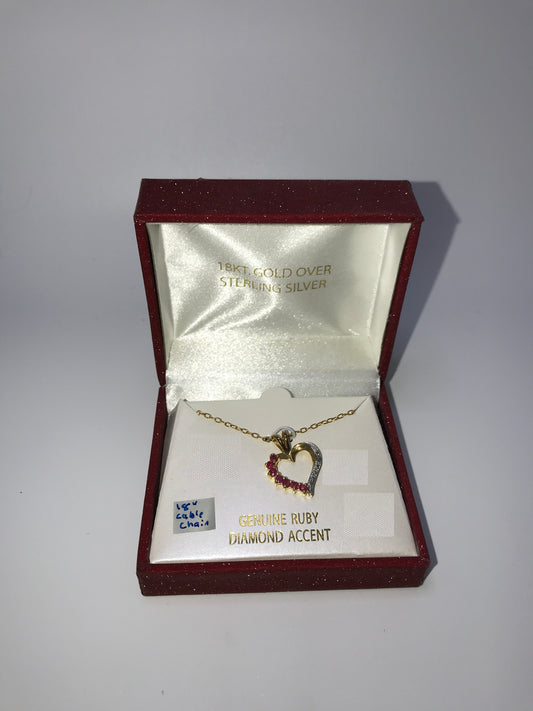 18" 18kt Vermeil Cable chain with Diamond and Ruby Heart Pendant