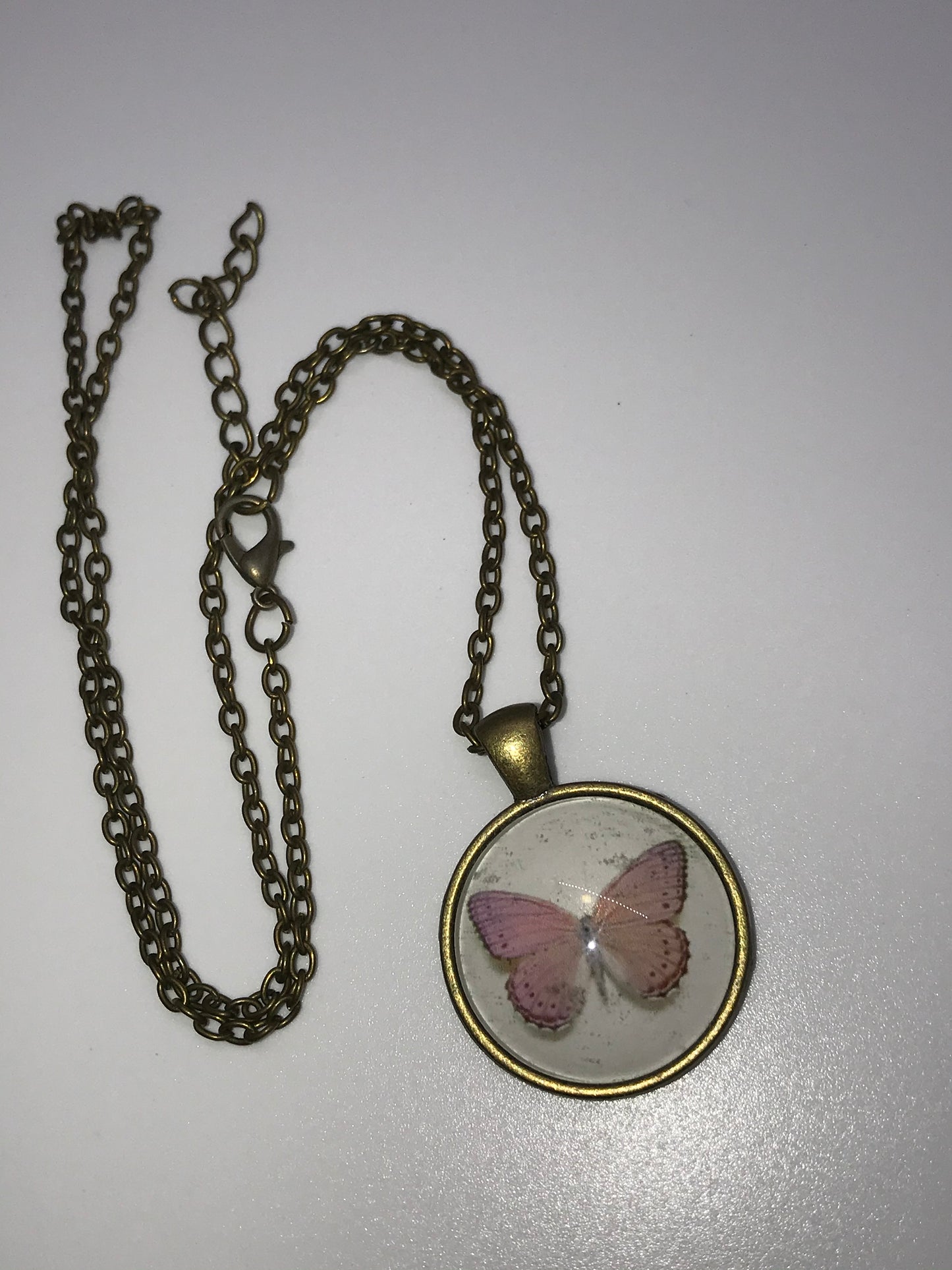 18" White and Pink Butterfly Brass Necklace