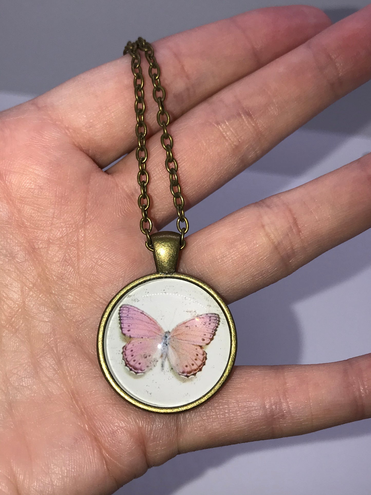 18" White and Pink Butterfly Brass Necklace