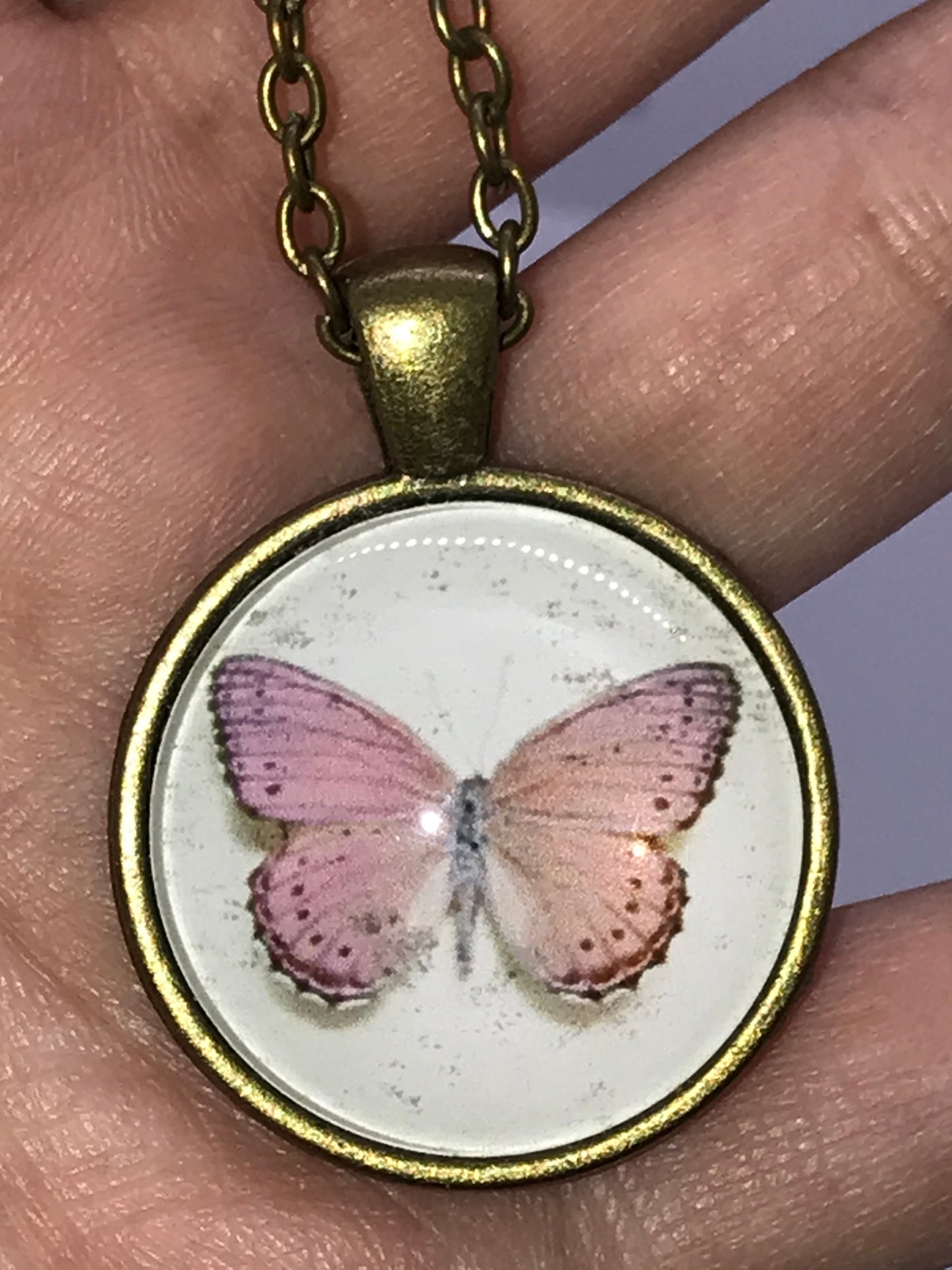 18" White and Pink Butterfly Brass Necklace