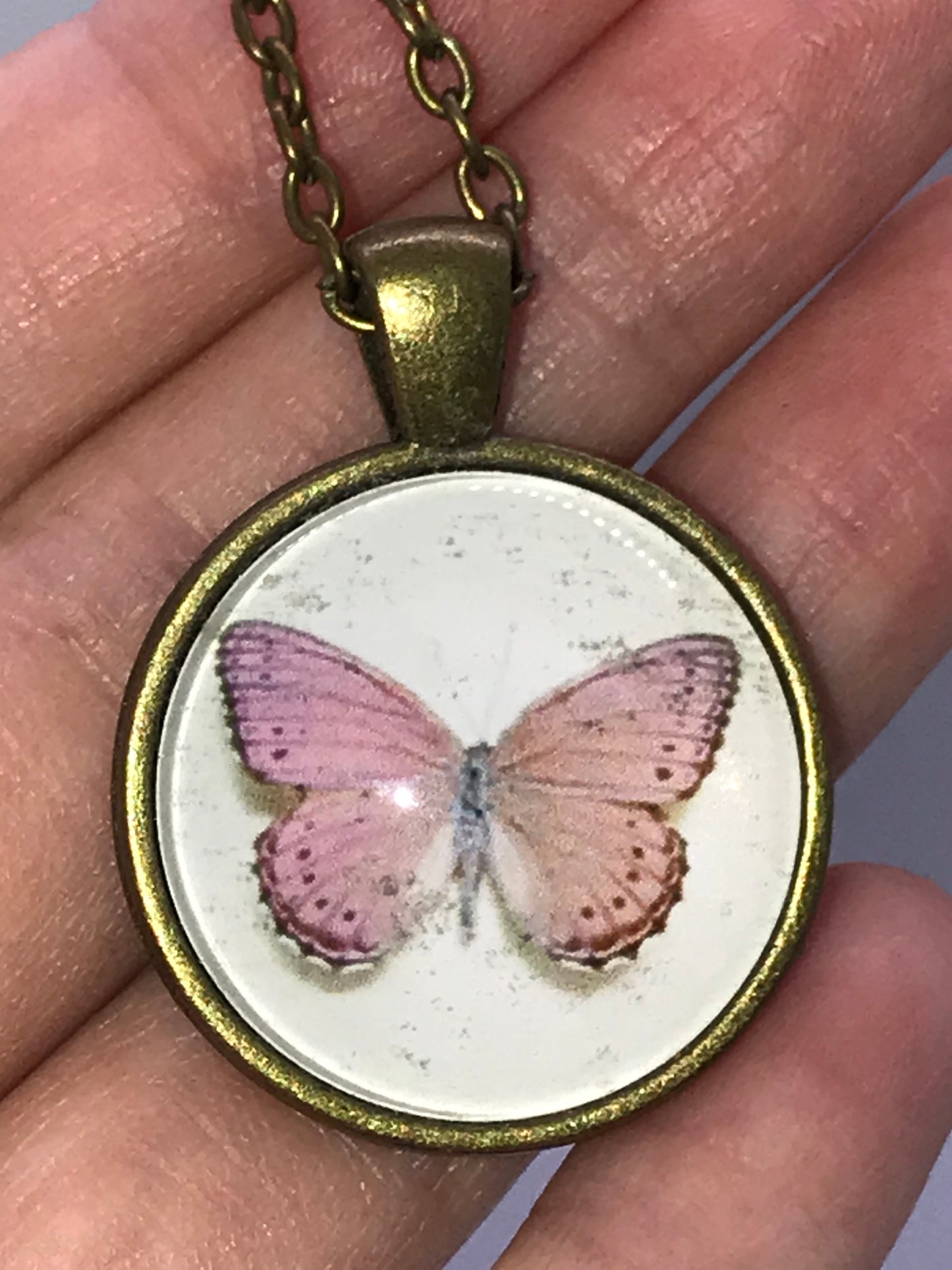 18" White and Pink Butterfly Brass Necklace