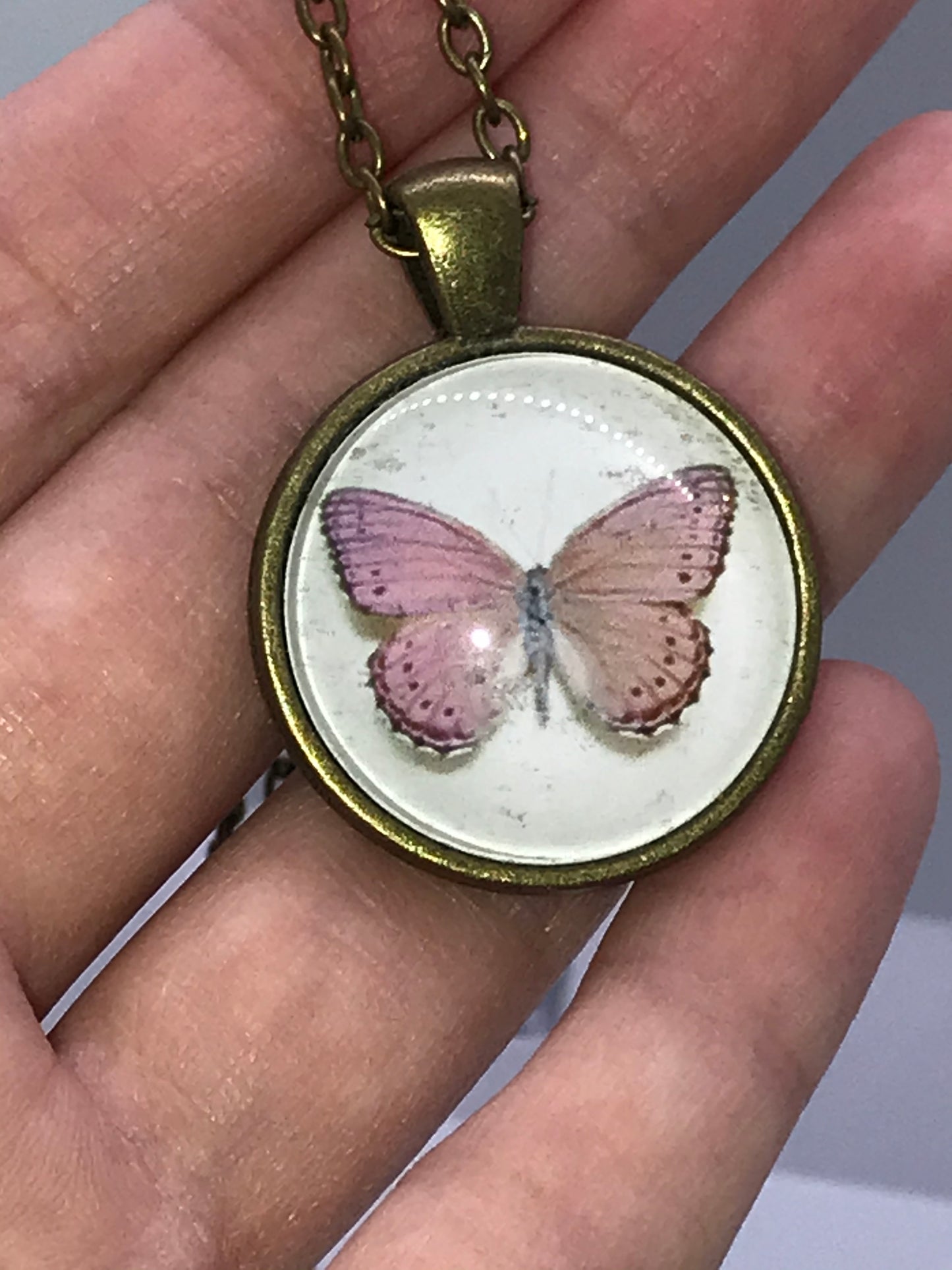 18" White and Pink Butterfly Brass Necklace