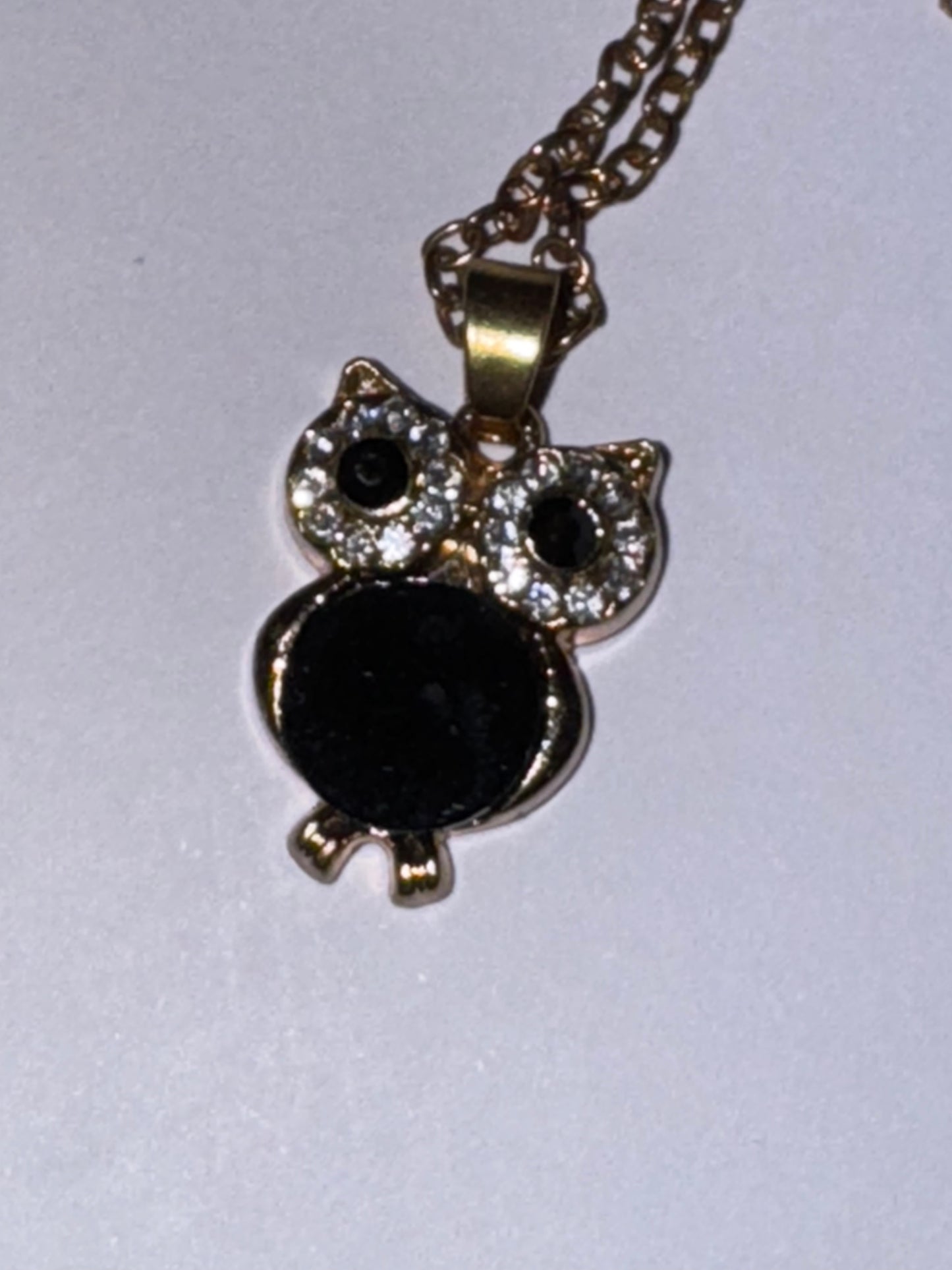 19" Rose Gold Plated Onyx and Cz. Owl Necklace