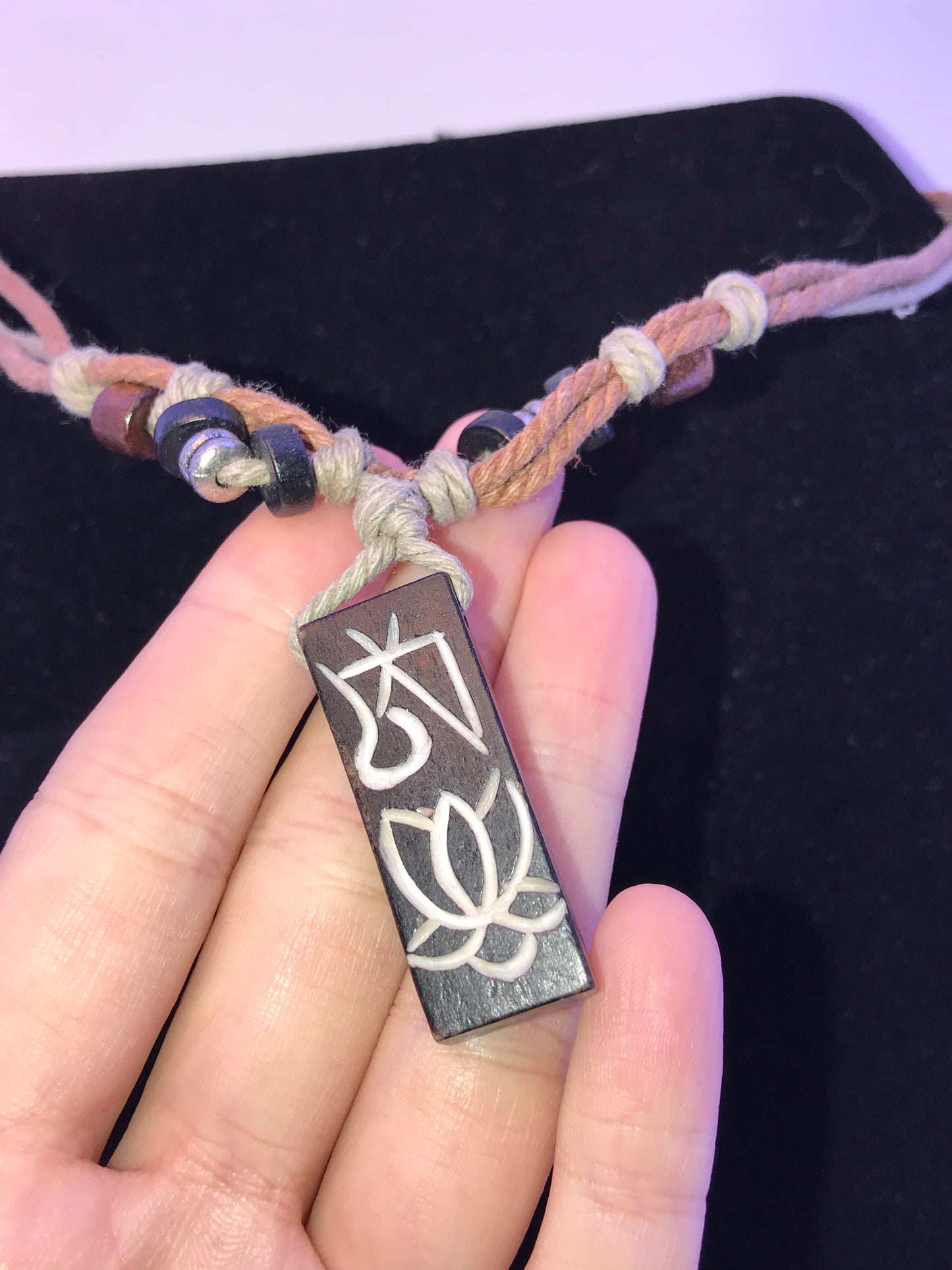 20" Cotton and Wood, Lotus Necklace