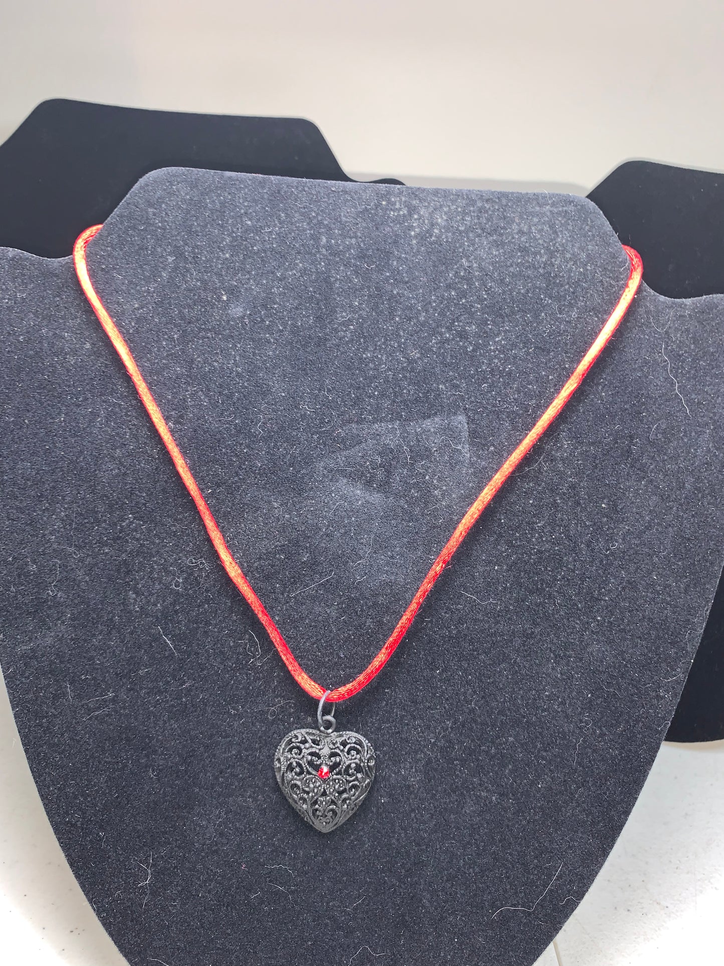18" Red Satin Cord Necklace with Black Heart Pendant