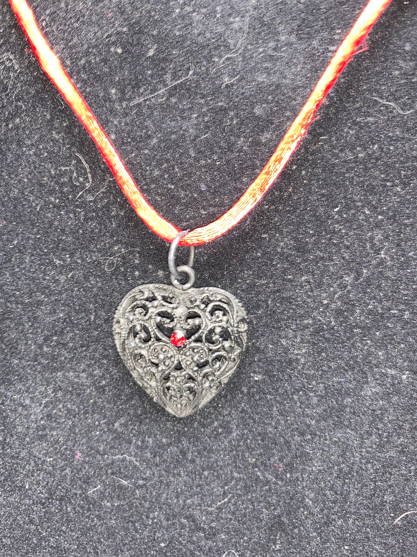 18" Red Satin Cord Necklace with Black Heart Pendant