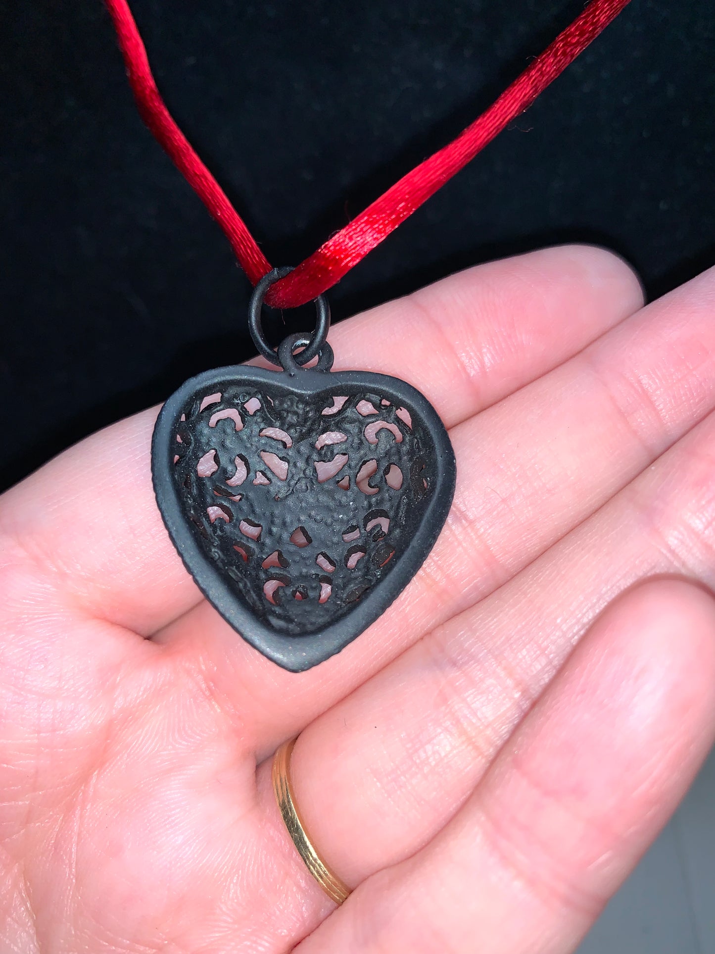18" Red Satin Cord Necklace with Black Heart Pendant