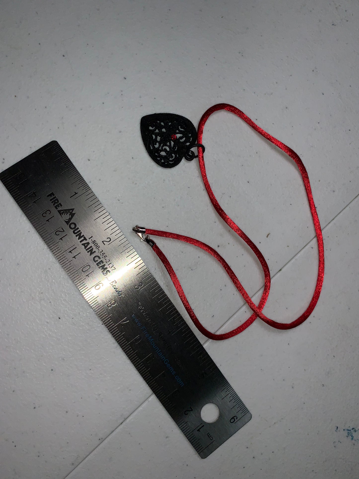 18" Red Satin Cord Necklace with Black Heart Pendant