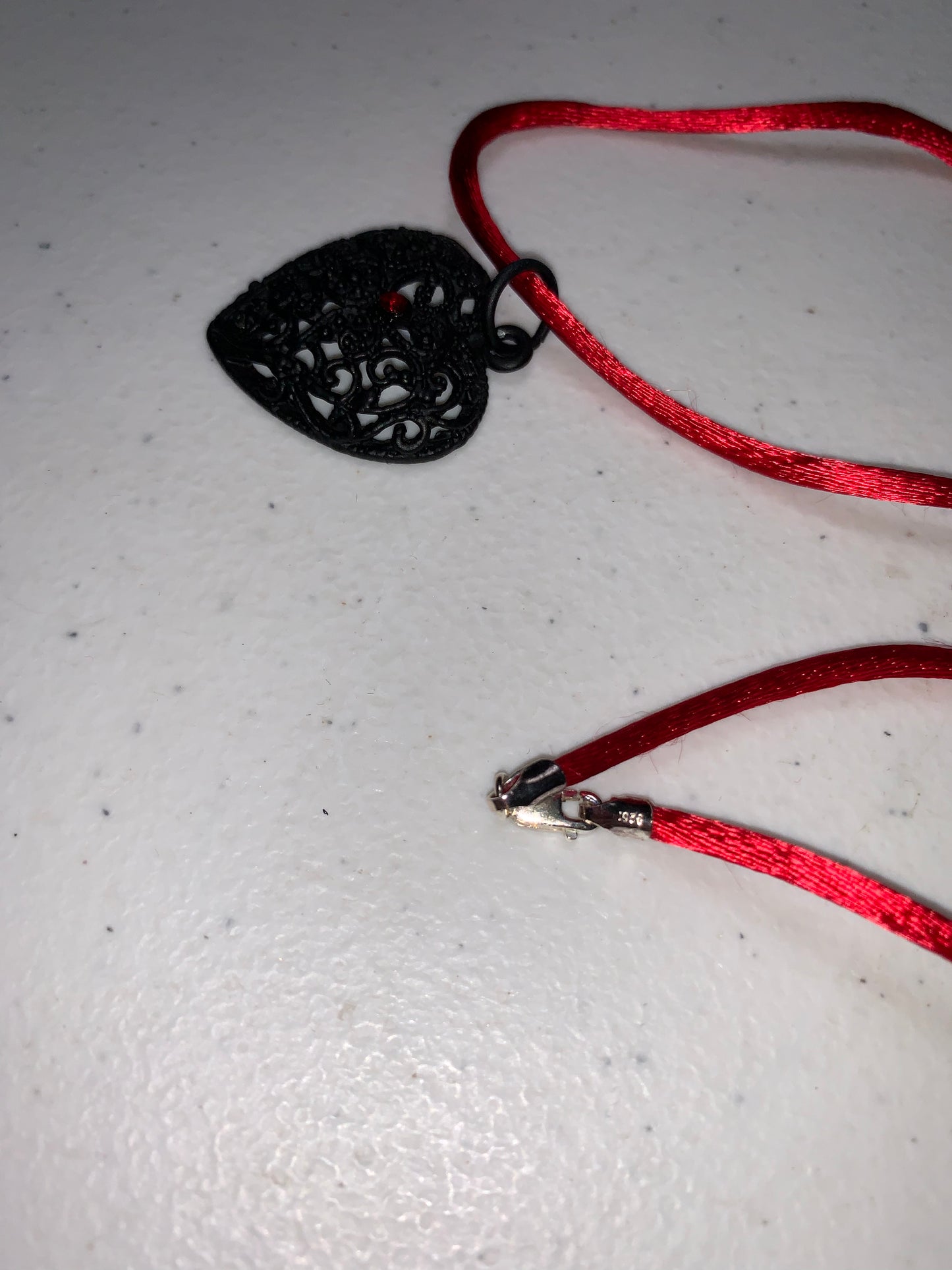 18" Red Satin Cord Necklace with Black Heart Pendant