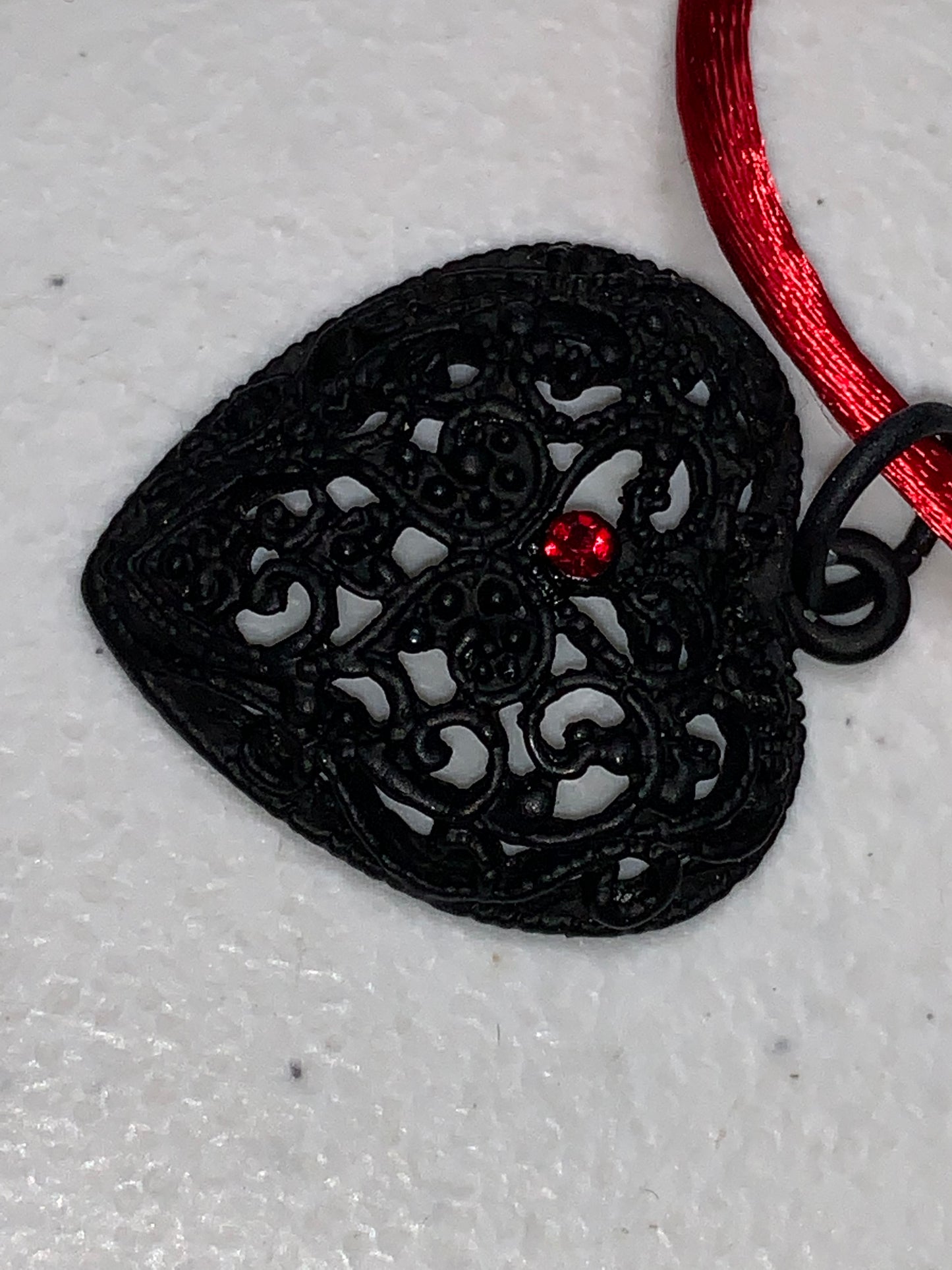 18" Red Satin Cord Necklace with Black Heart Pendant