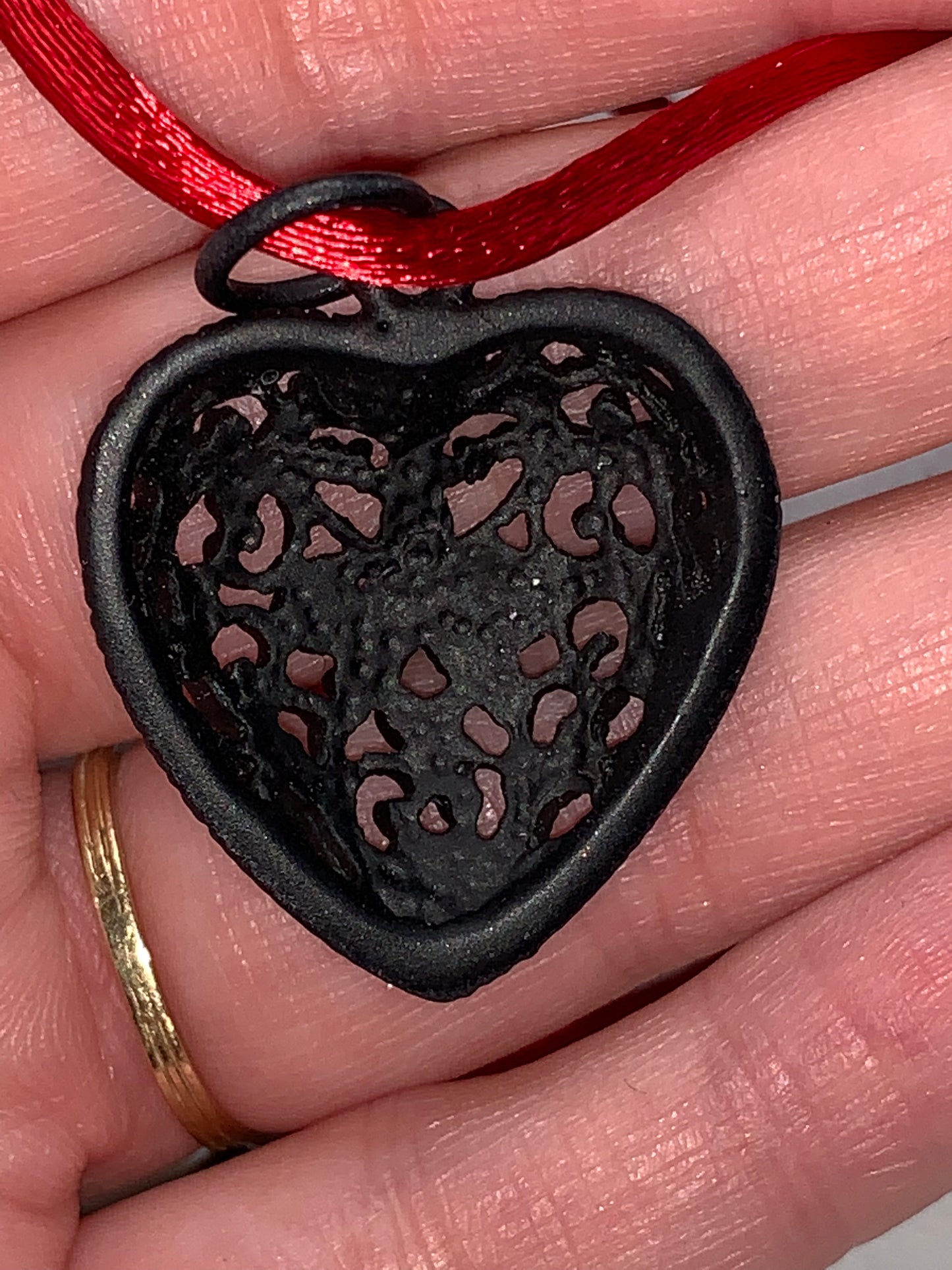 18" Red Satin Cord Necklace with Black Heart Pendant