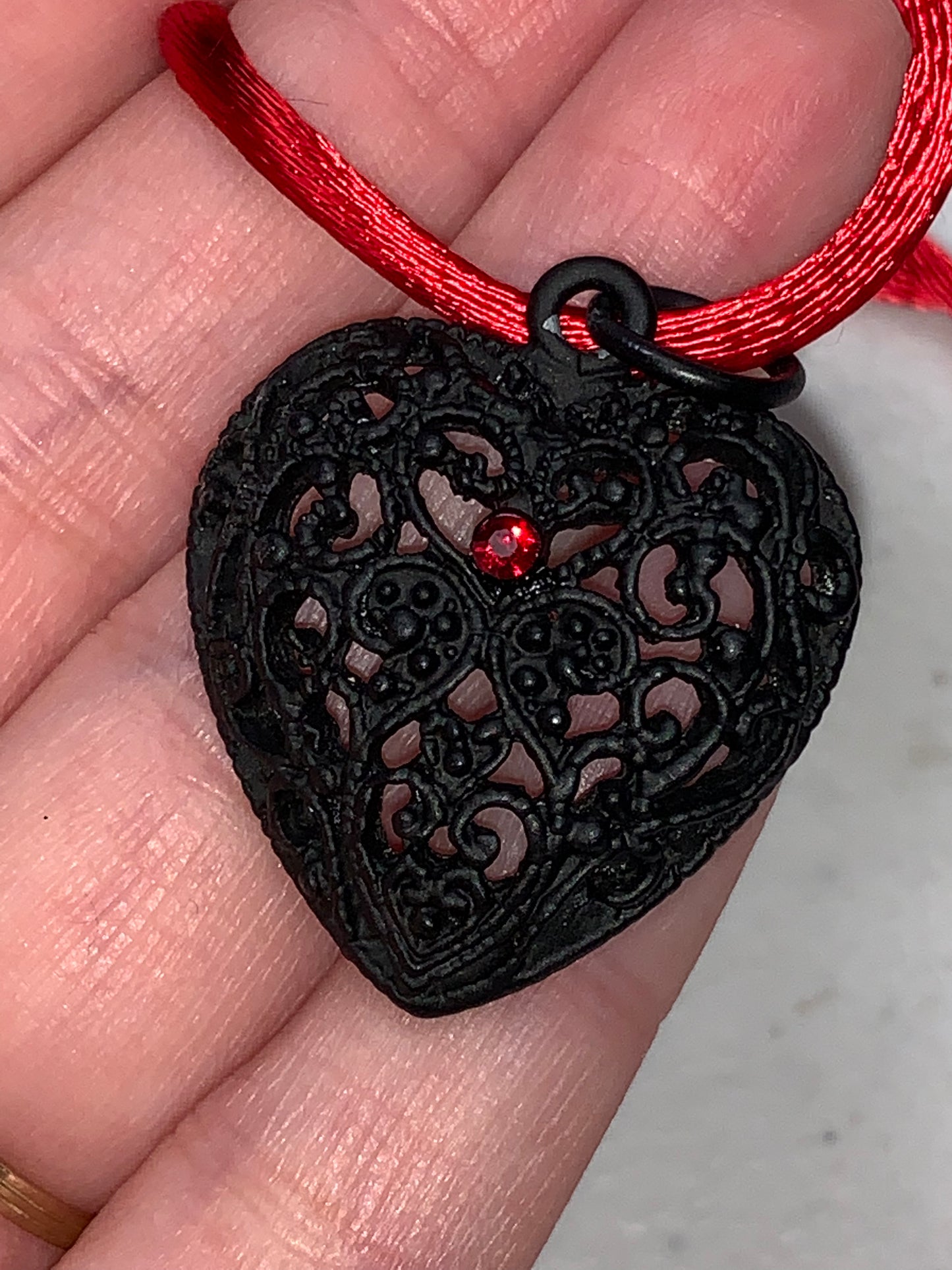 18" Red Satin Cord Necklace with Black Heart Pendant