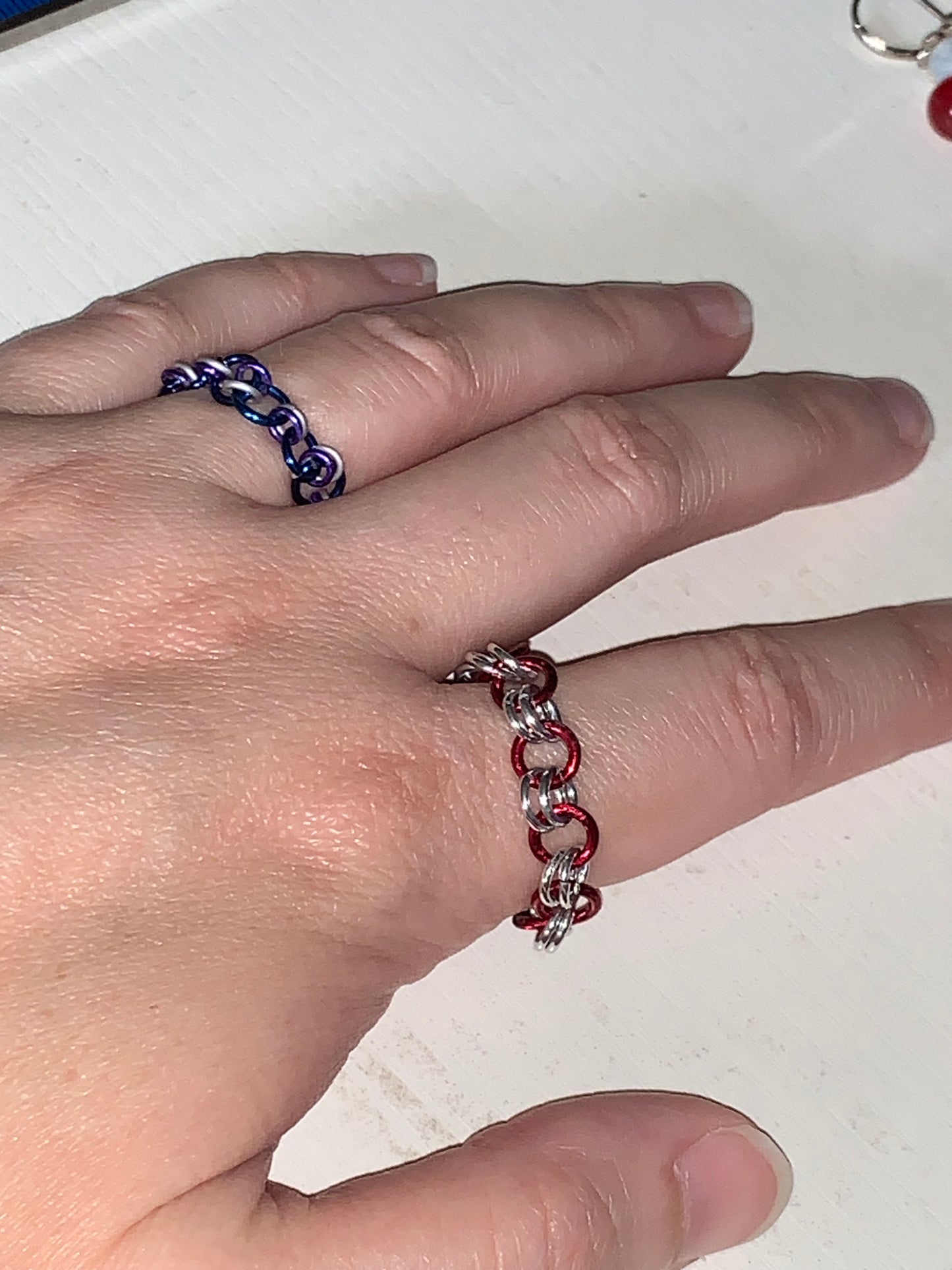 Red and Silver Chainmail ring, Size 11