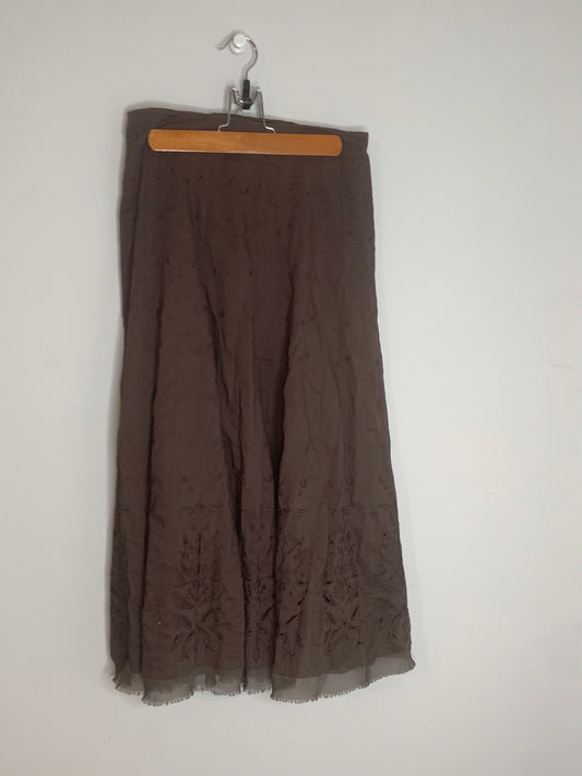 Tahari Embroidered Eyelet A-Line Maxi Skirt Chocolate Brown Sheer Hemline, Size 6
