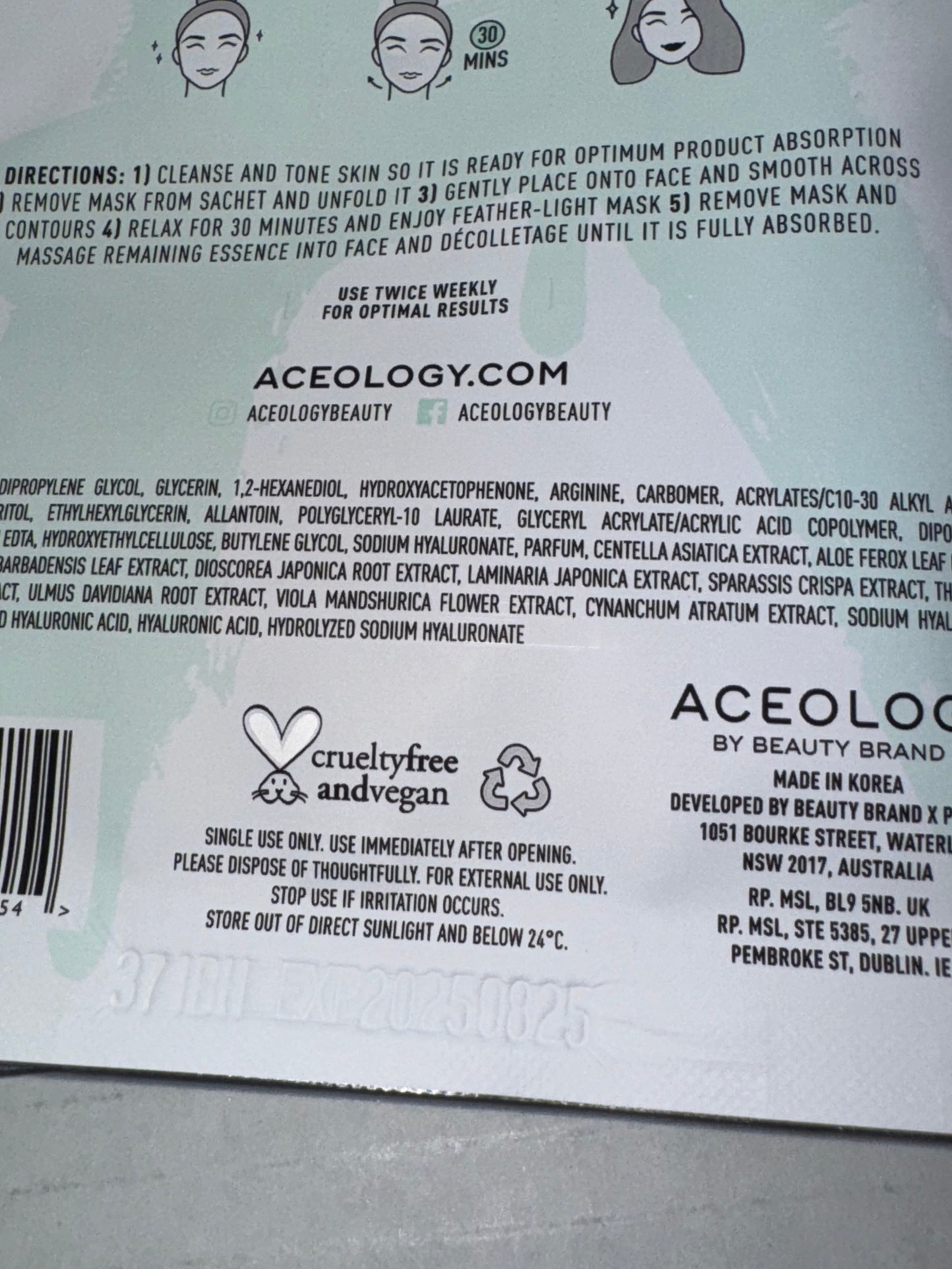 Aceology HYALURONIC ACID INTENSIVE REPAIRING BIODEGRADABLE MASK
