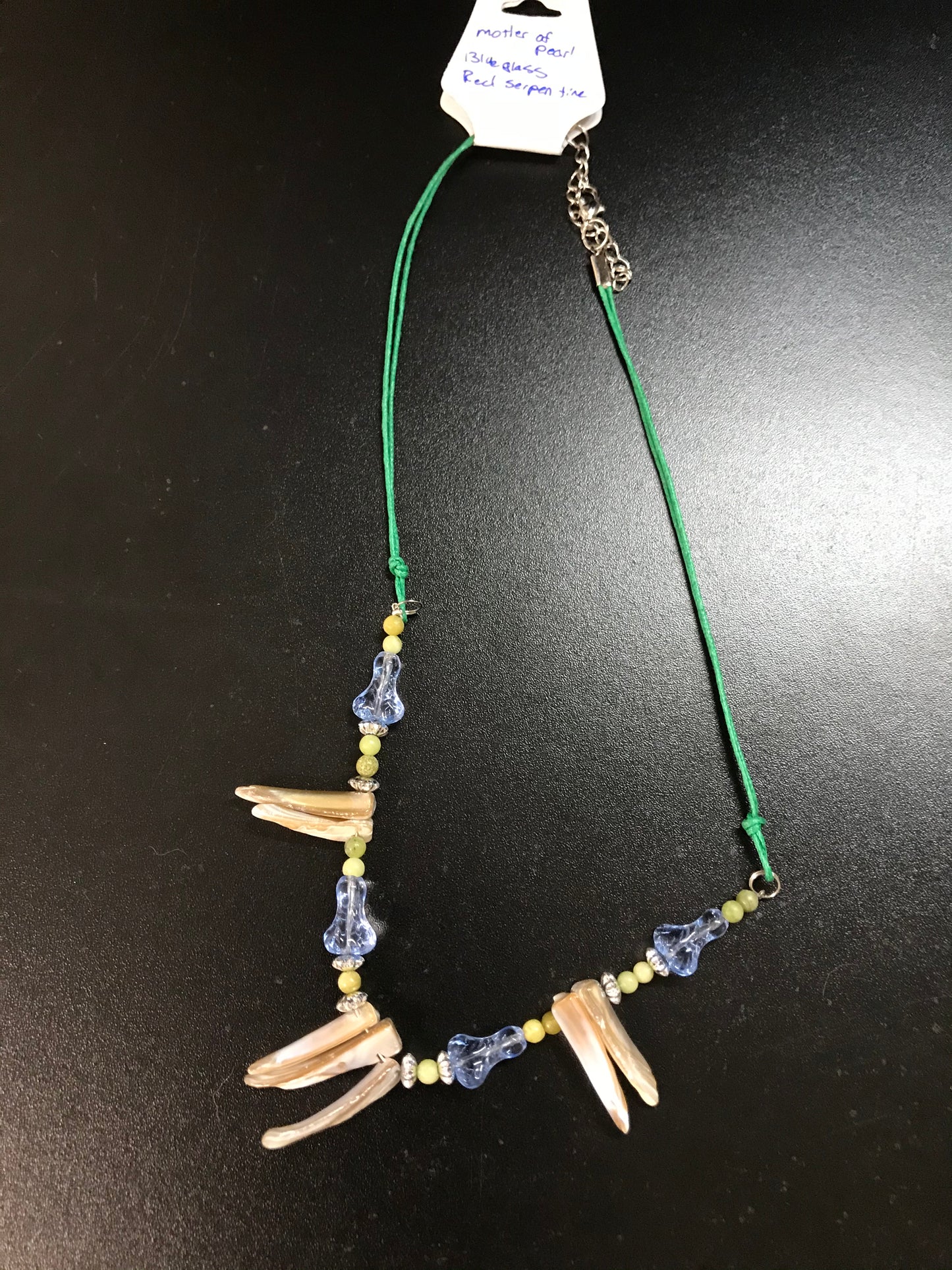 20" long Green w/Mother of Pearl, Light blue Glass beaded necklace