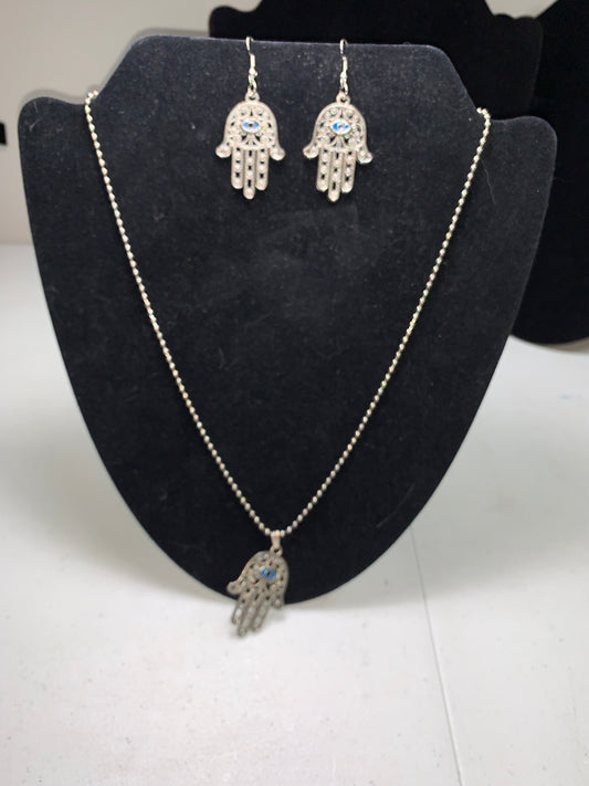 28" Ball Chain Necklace with Hamsa Pendant and Matching earrings, set