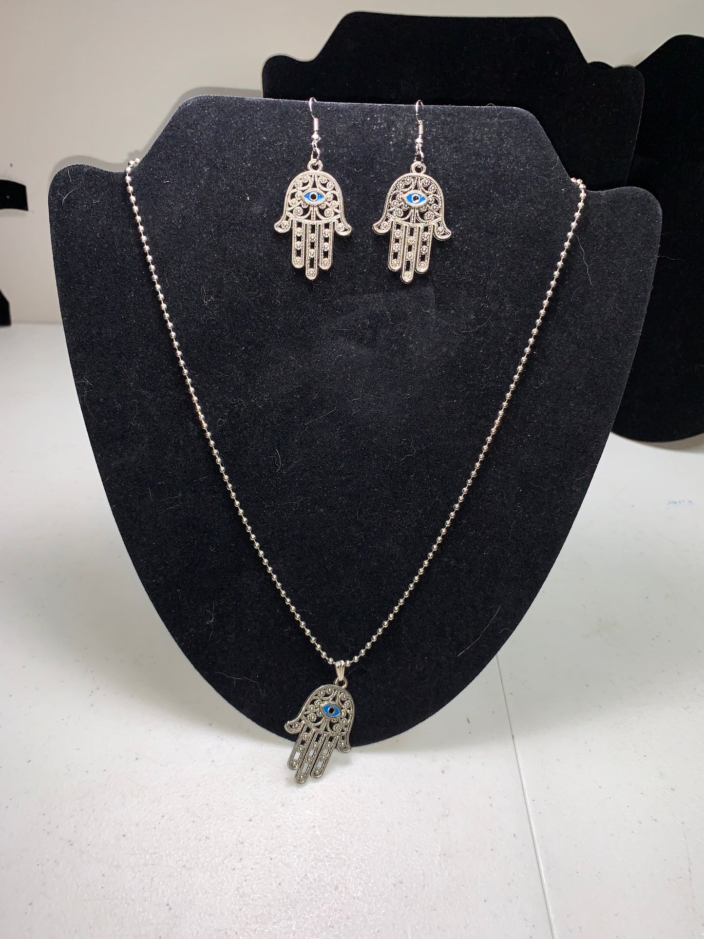 28" Ball Chain Necklace with Hamsa Pendant and Matching earrings, set