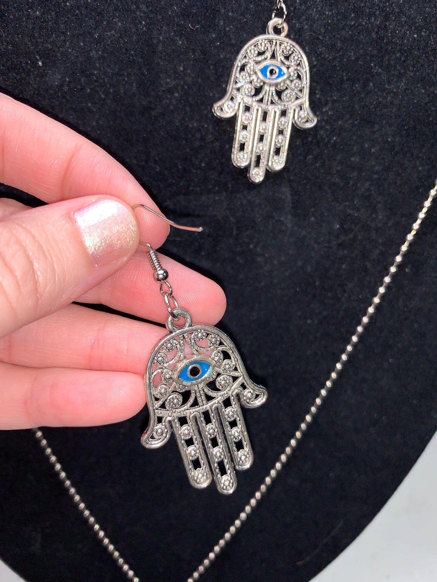 28" Ball Chain Necklace with Hamsa Pendant and Matching earrings, set