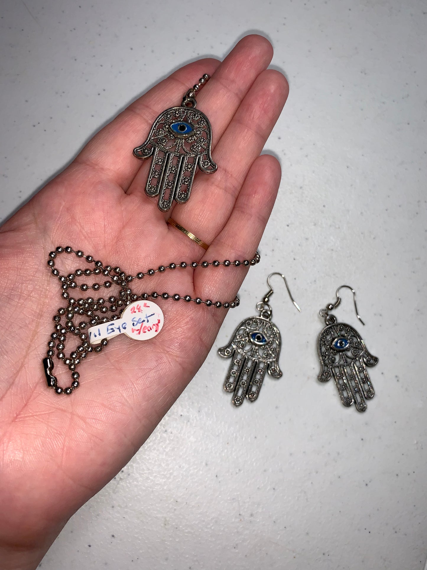 28" Ball Chain Necklace with Hamsa Pendant and Matching earrings, set