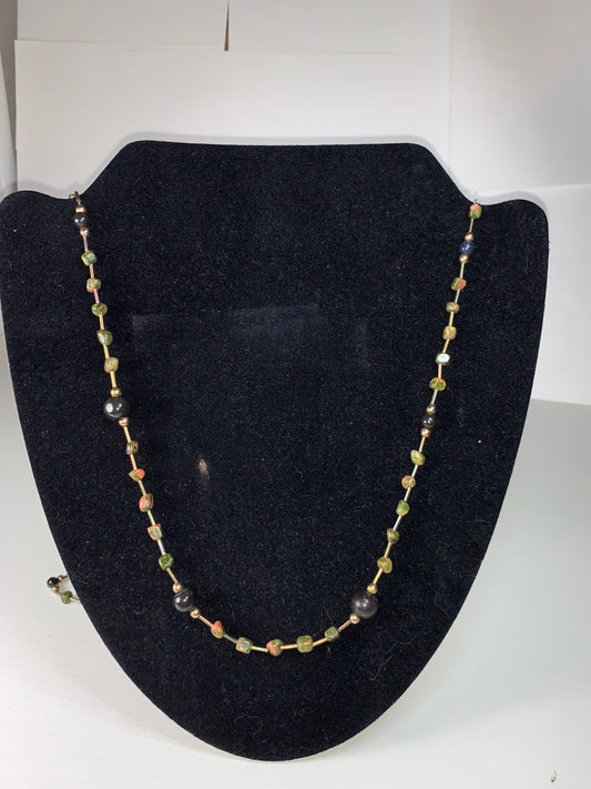 42" Unakite and Onyx Beaded Necklace