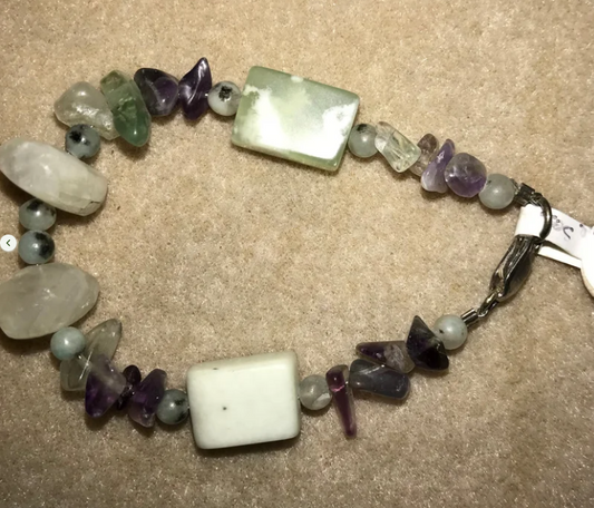 6 3/4" Rainbow Fluorite, Moonstone and Jade Bracelet