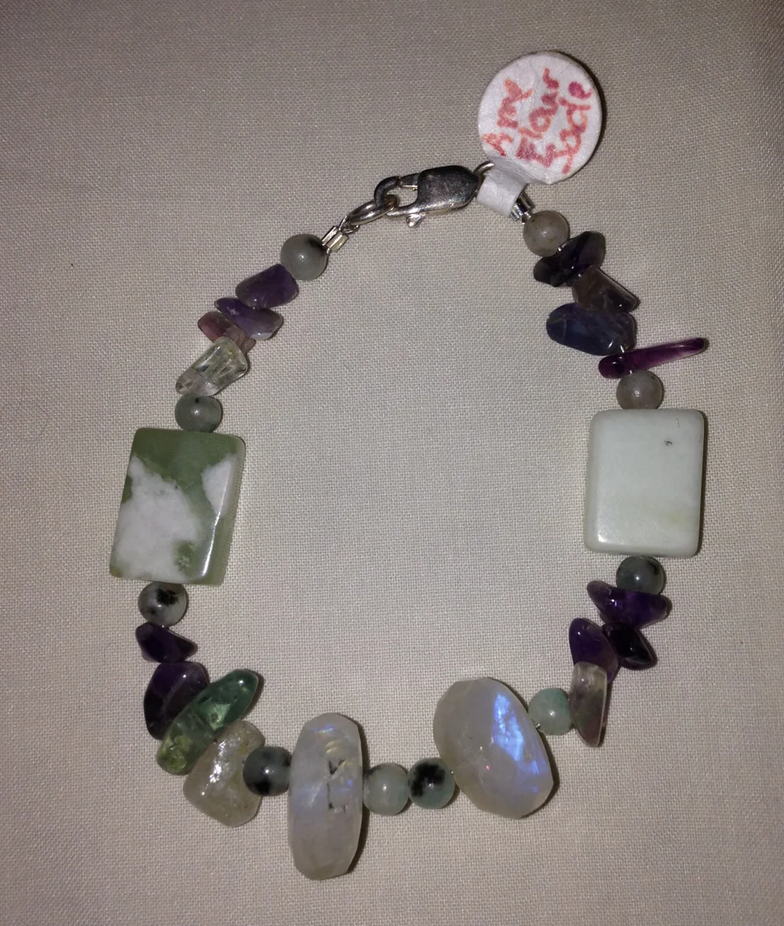 6 3/4" Rainbow Fluorite, Moonstone and Jade Bracelet