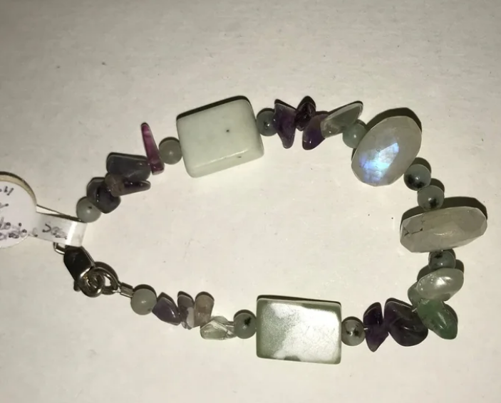 6 3/4" Rainbow Fluorite, Moonstone and Jade Bracelet