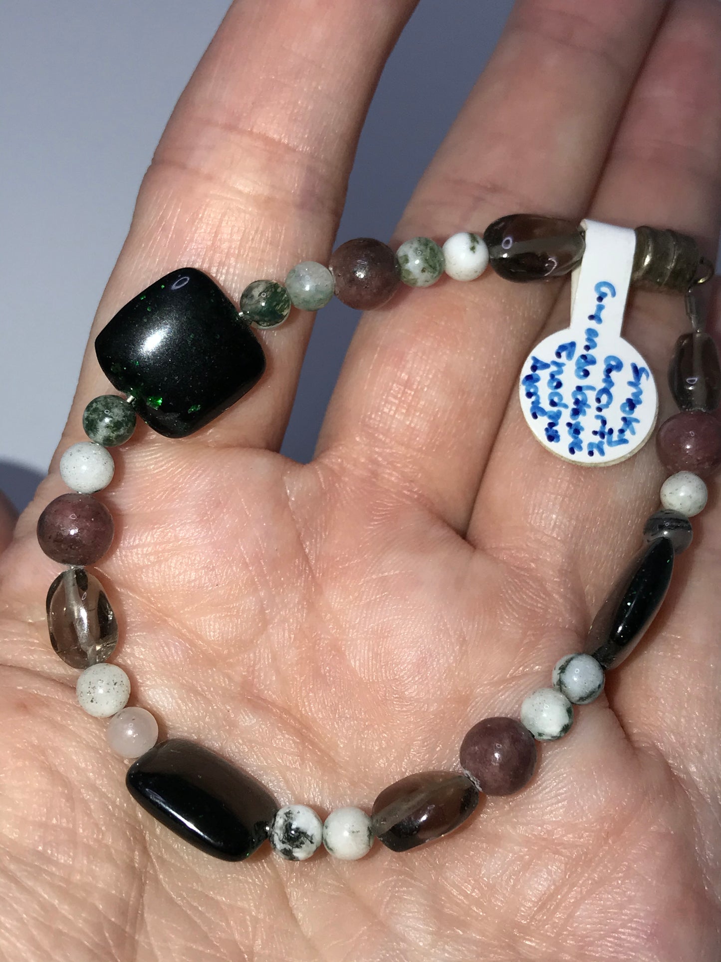 6 1/2" Green Goldstone, Quartz, and Rhodonite Bracelet