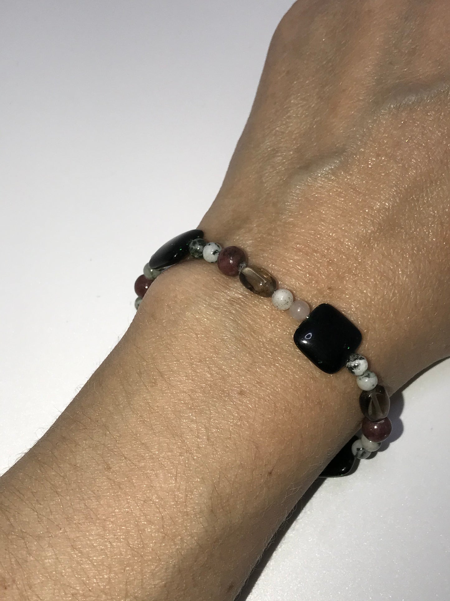 6 1/2" Green Goldstone, Quartz, and Rhodonite Bracelet