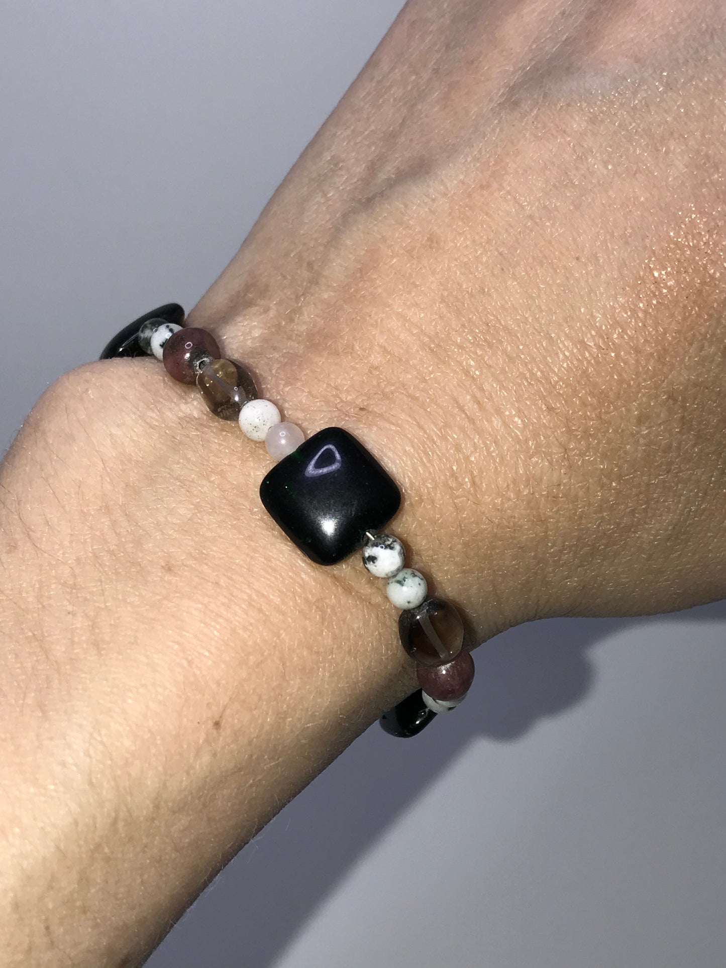 6 1/2" Green Goldstone, Quartz, and Rhodonite Bracelet