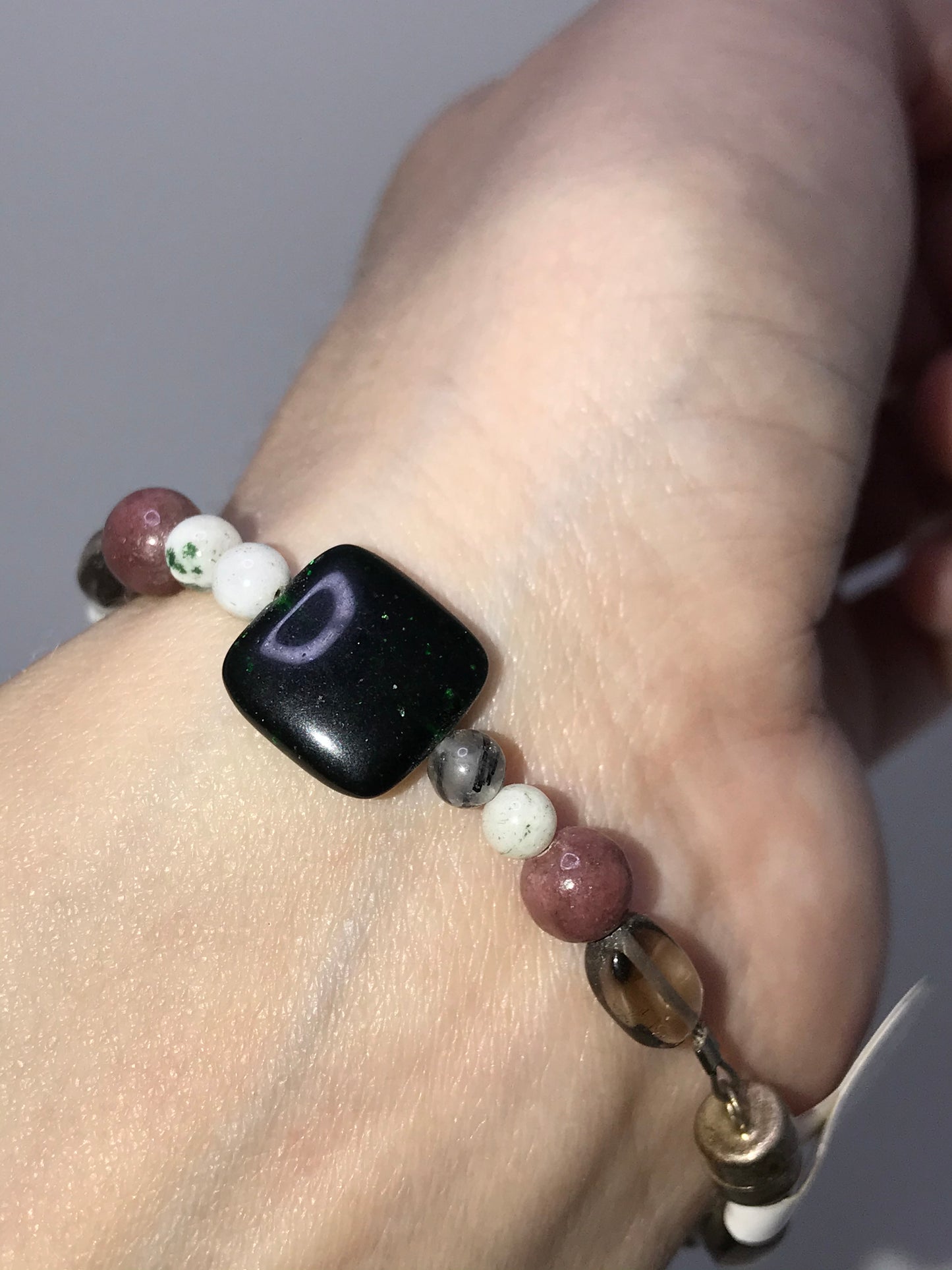 6 1/2" Green Goldstone, Quartz, and Rhodonite Bracelet