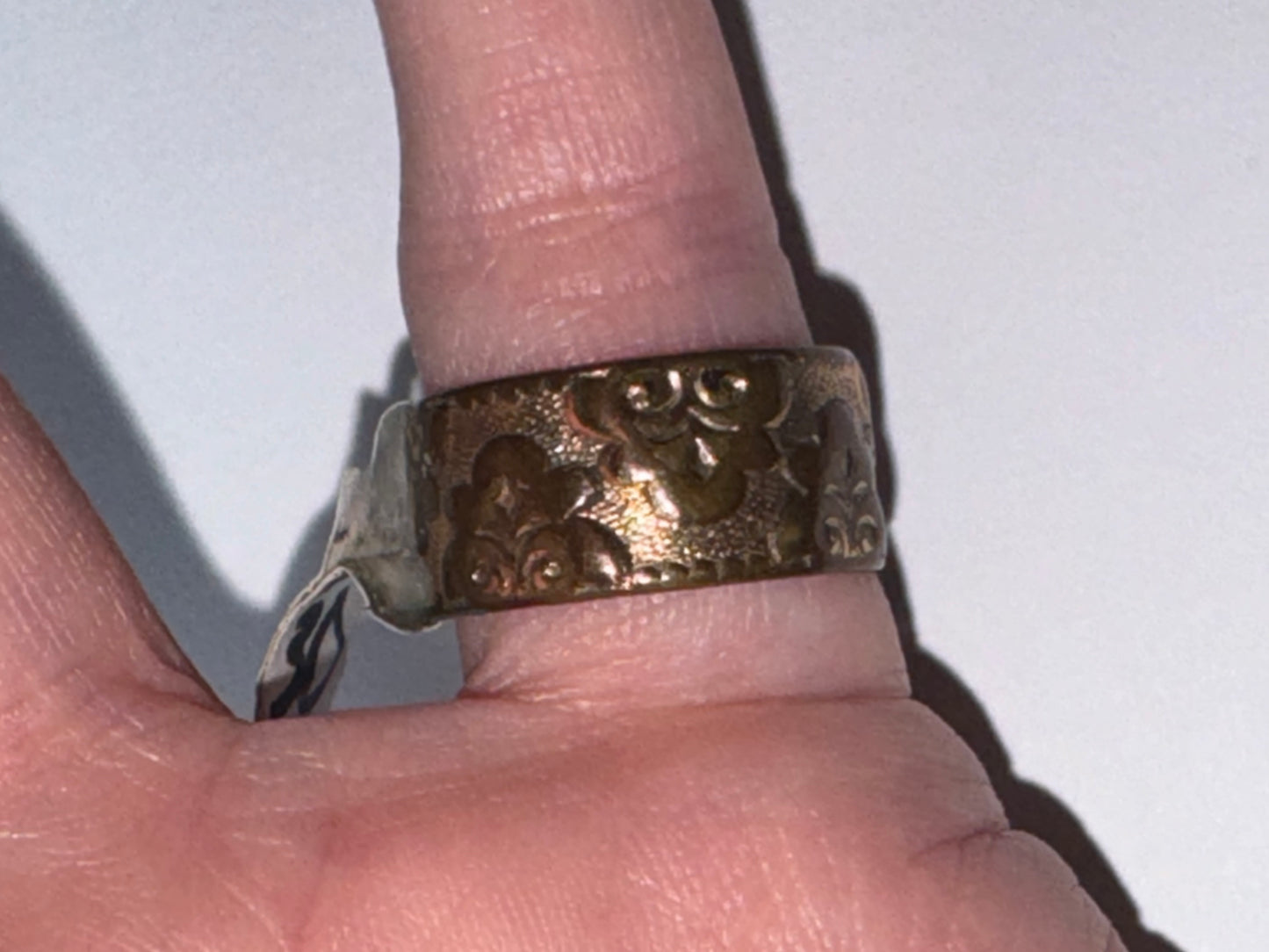 14 Kt Gp Wide Band Floral Ring, Size 6 1/2