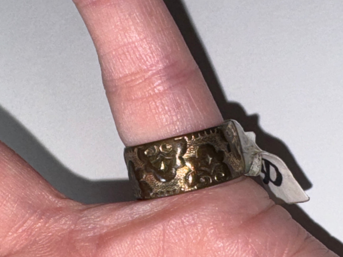14 Kt Gp Wide Band Floral Ring, Size 6 1/2
