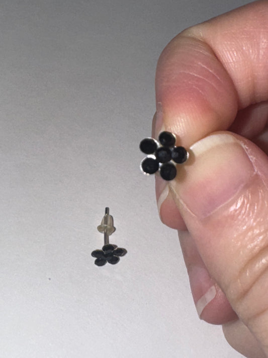 7mm Black Flower Cz And Sterling Post Earrings