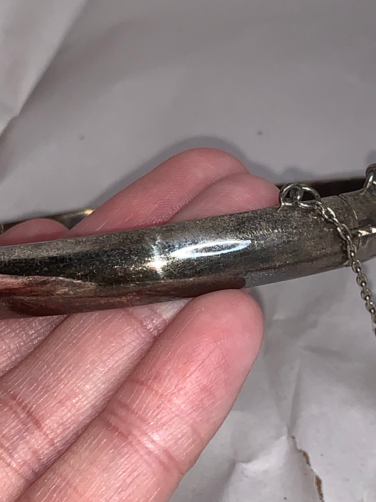9 3/4" Vintage Sterling Silver Cuff Bangle Bracelet with chain catch, by FAS
