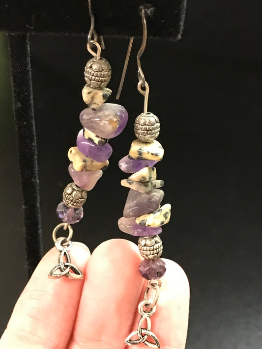 Amethyst And Dalmatian Jasper Dangle Earrings