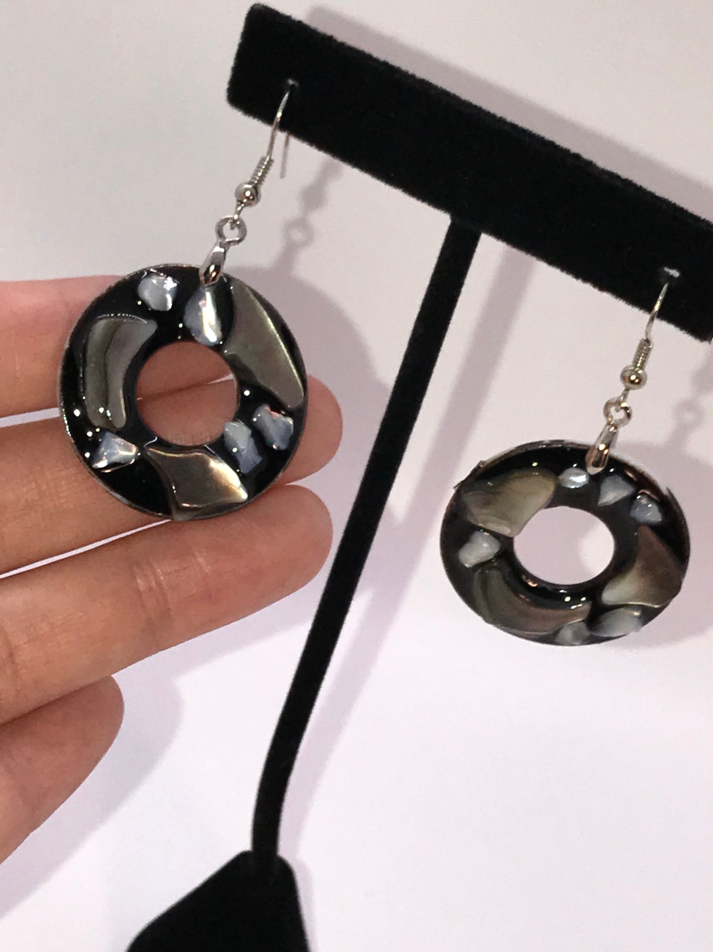 Black Lip Pearl And Resin Doughnut Dangle Earrings