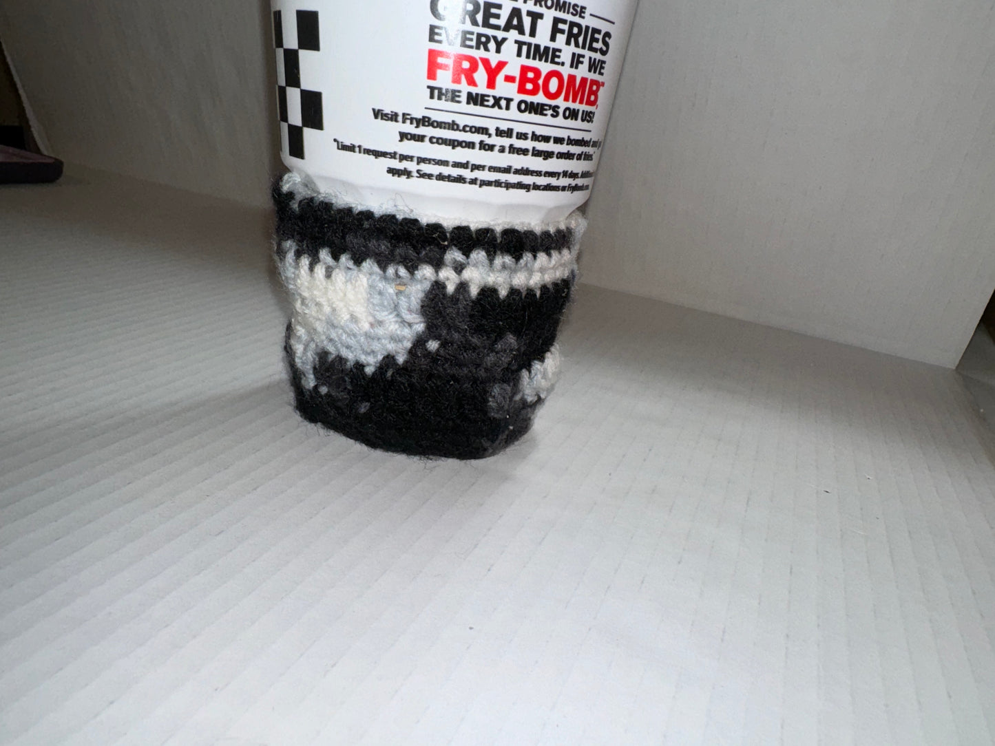 Black and white Crochet Coffee Cup Cozy