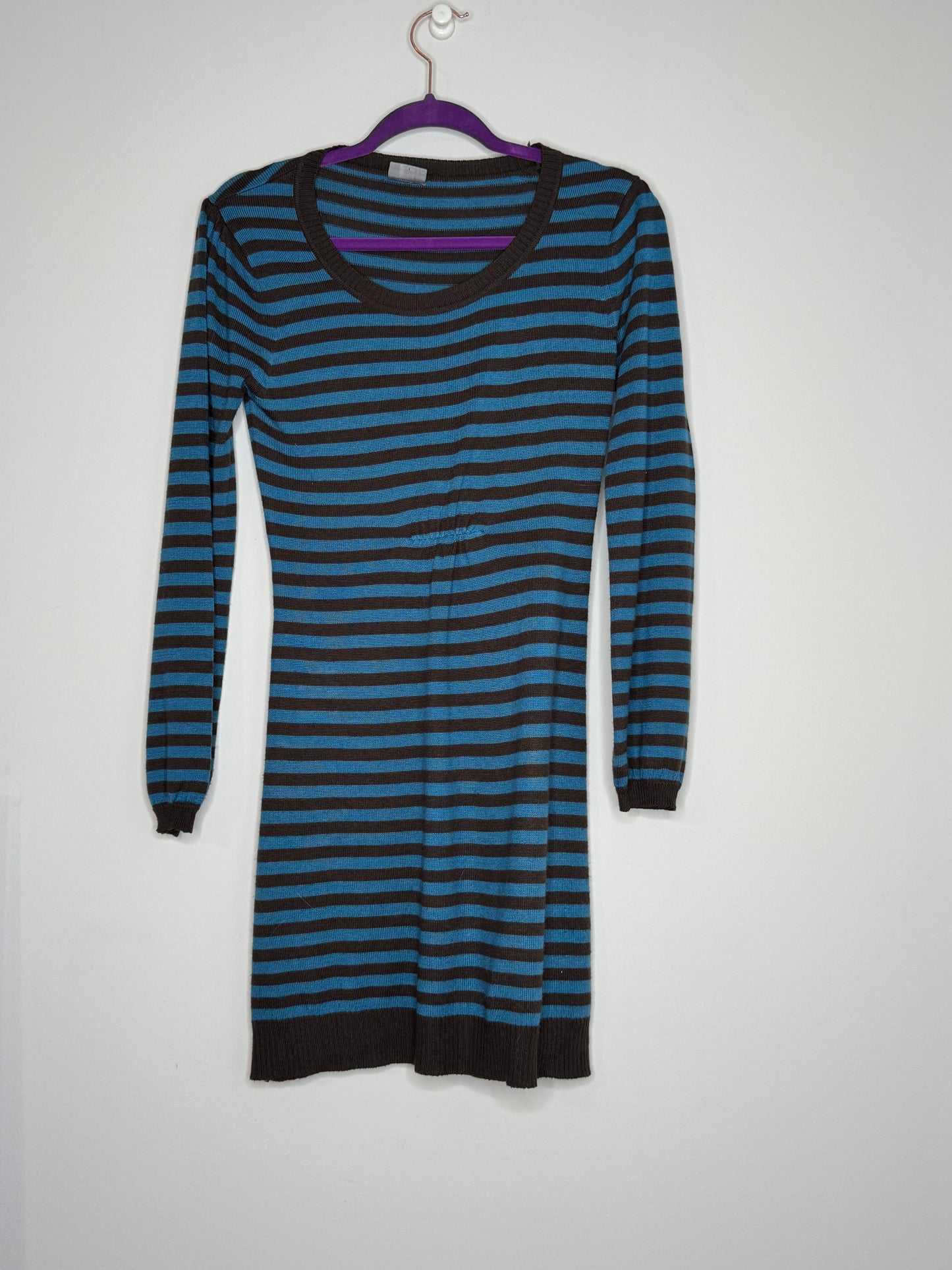 Brown/blue striped pullover lightweight mini sweater dress by YFK, size Large