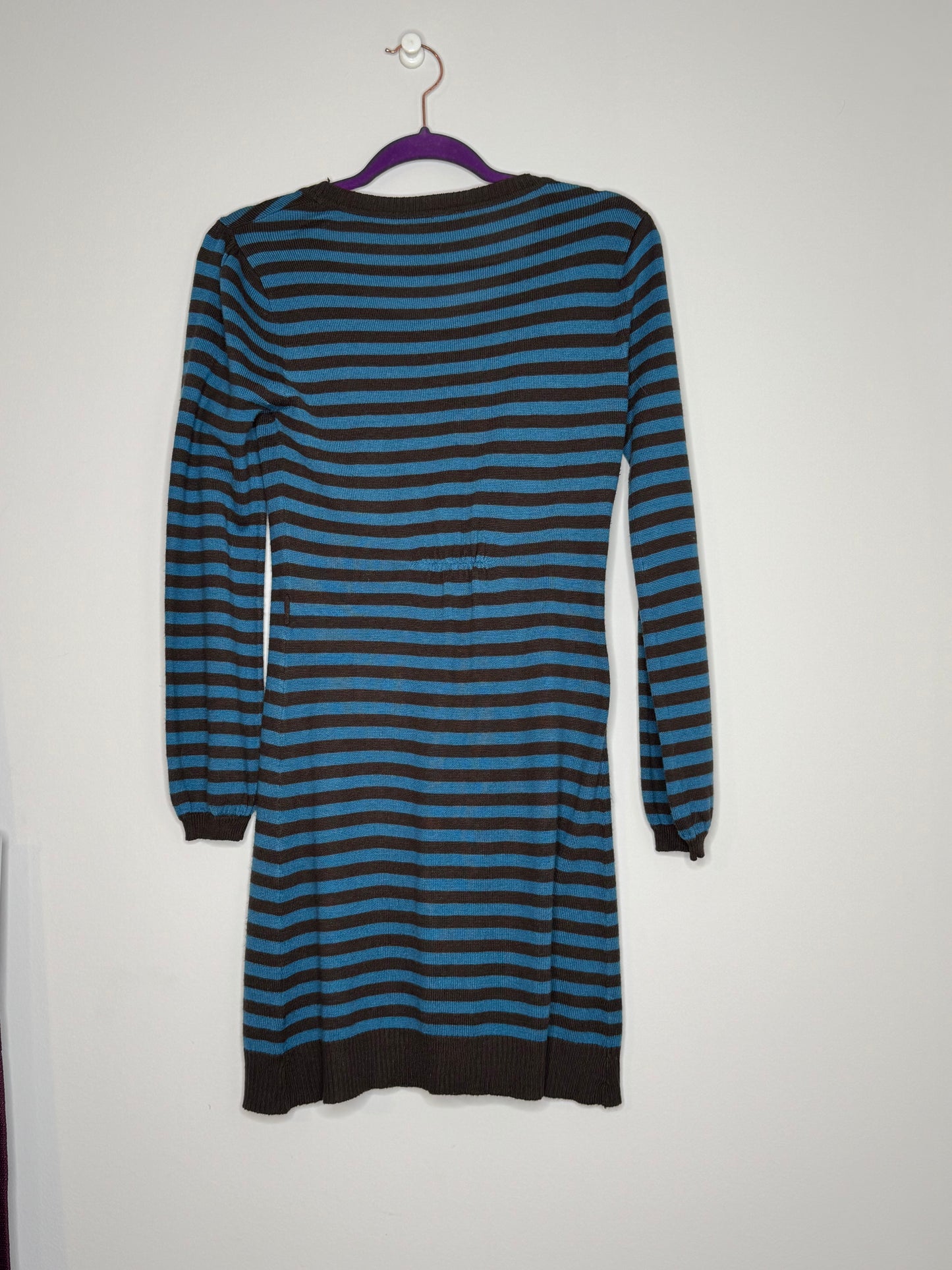 Brown/blue striped pullover lightweight mini sweater dress by YFK, size Large