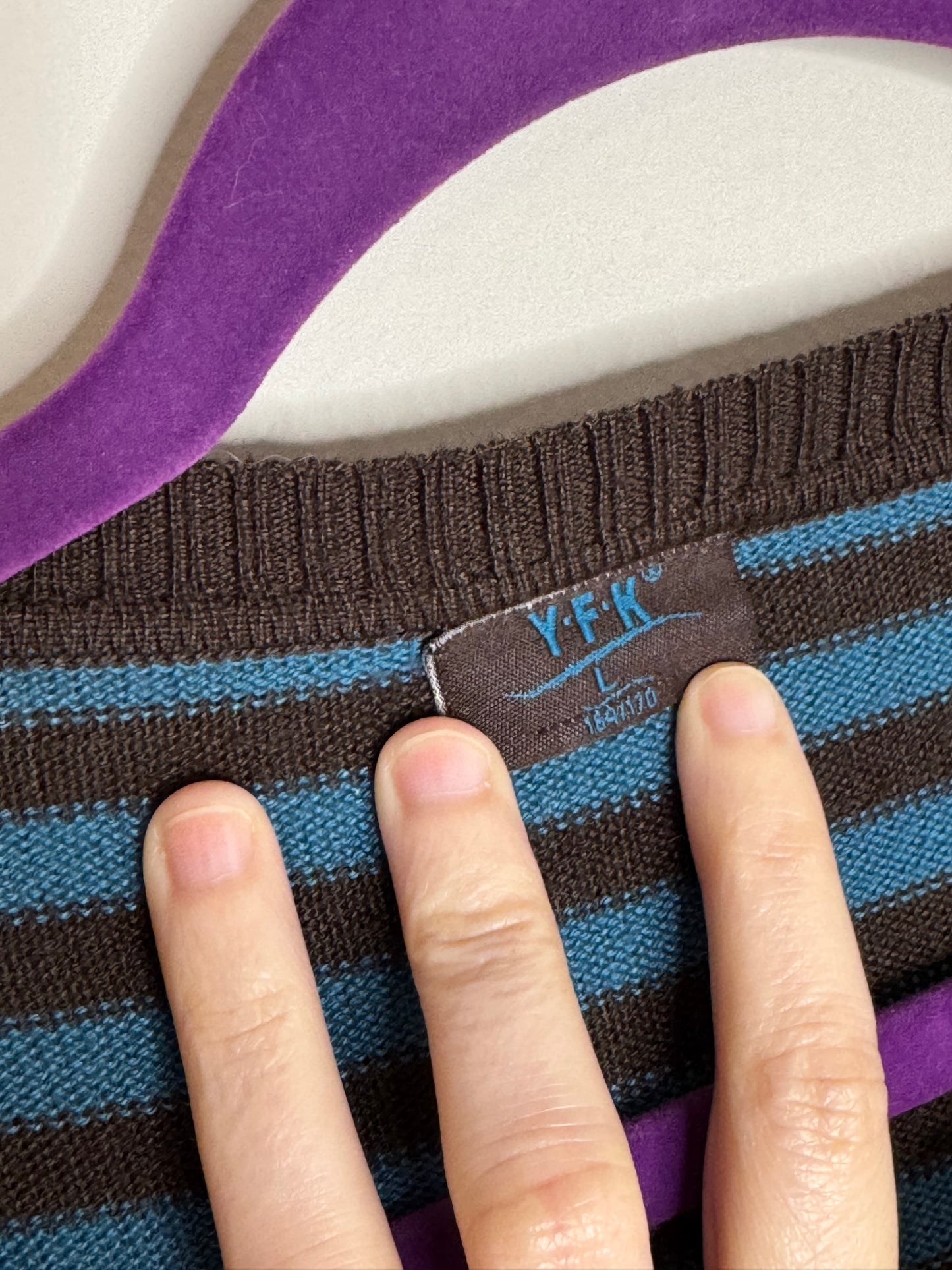 Brown/blue striped pullover lightweight mini sweater dress by YFK, size Large