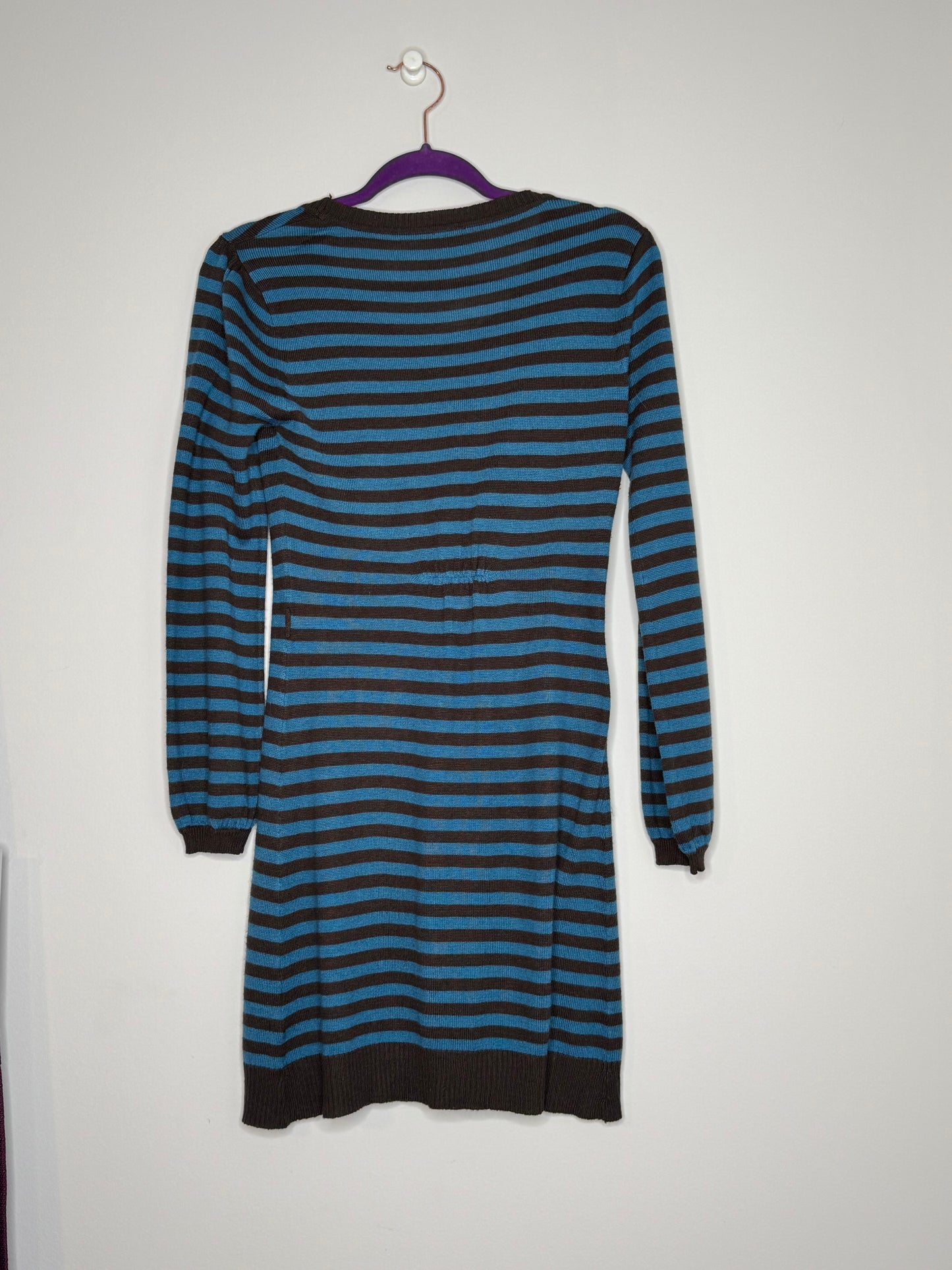 Brown/blue striped pullover lightweight mini sweater dress by YFK, size Large
