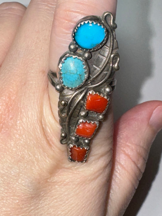 Sterling Silver Turquoise And Coral Ring, Size 9