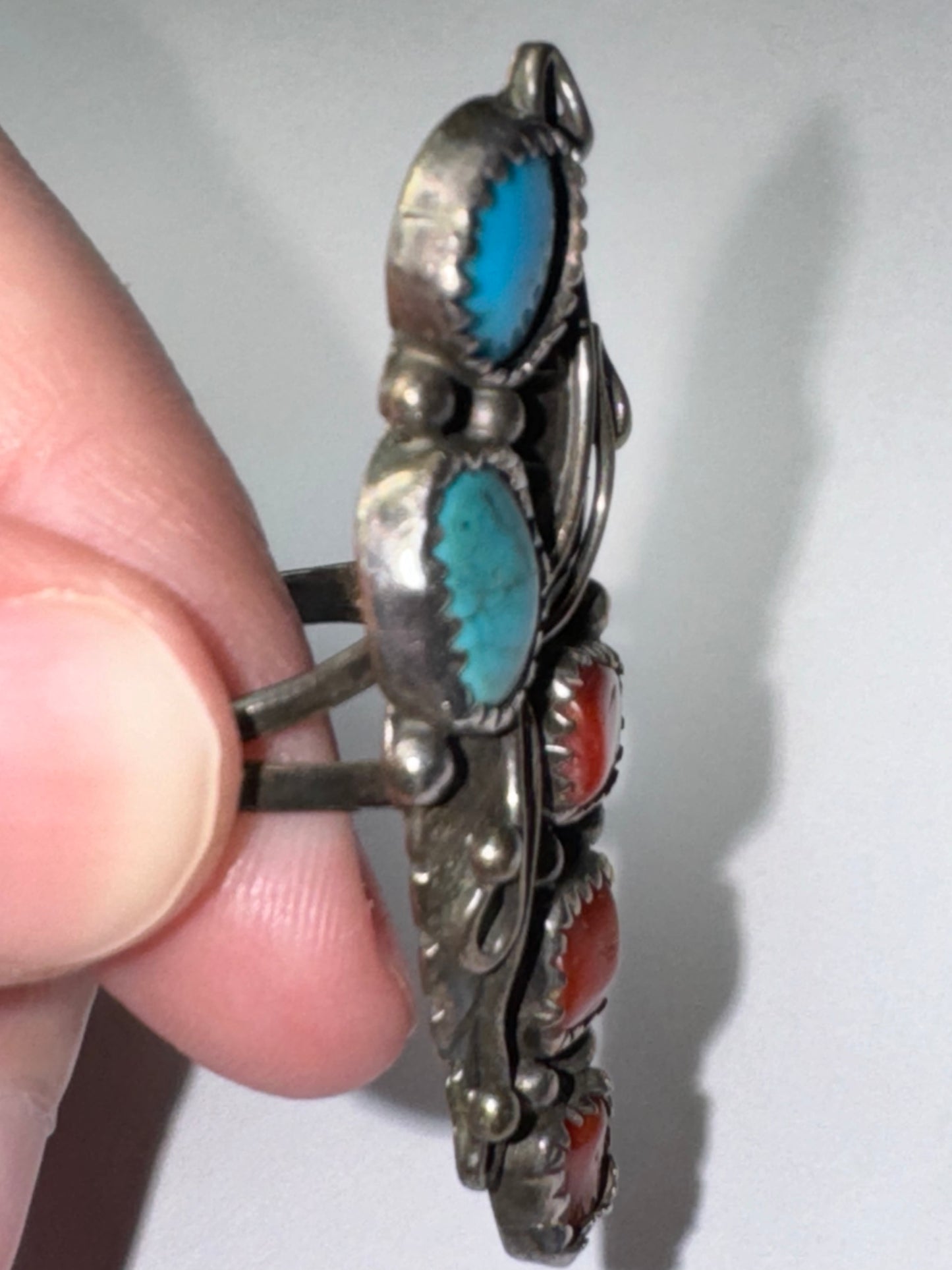 Sterling Silver Turquoise And Coral Ring, Size 9