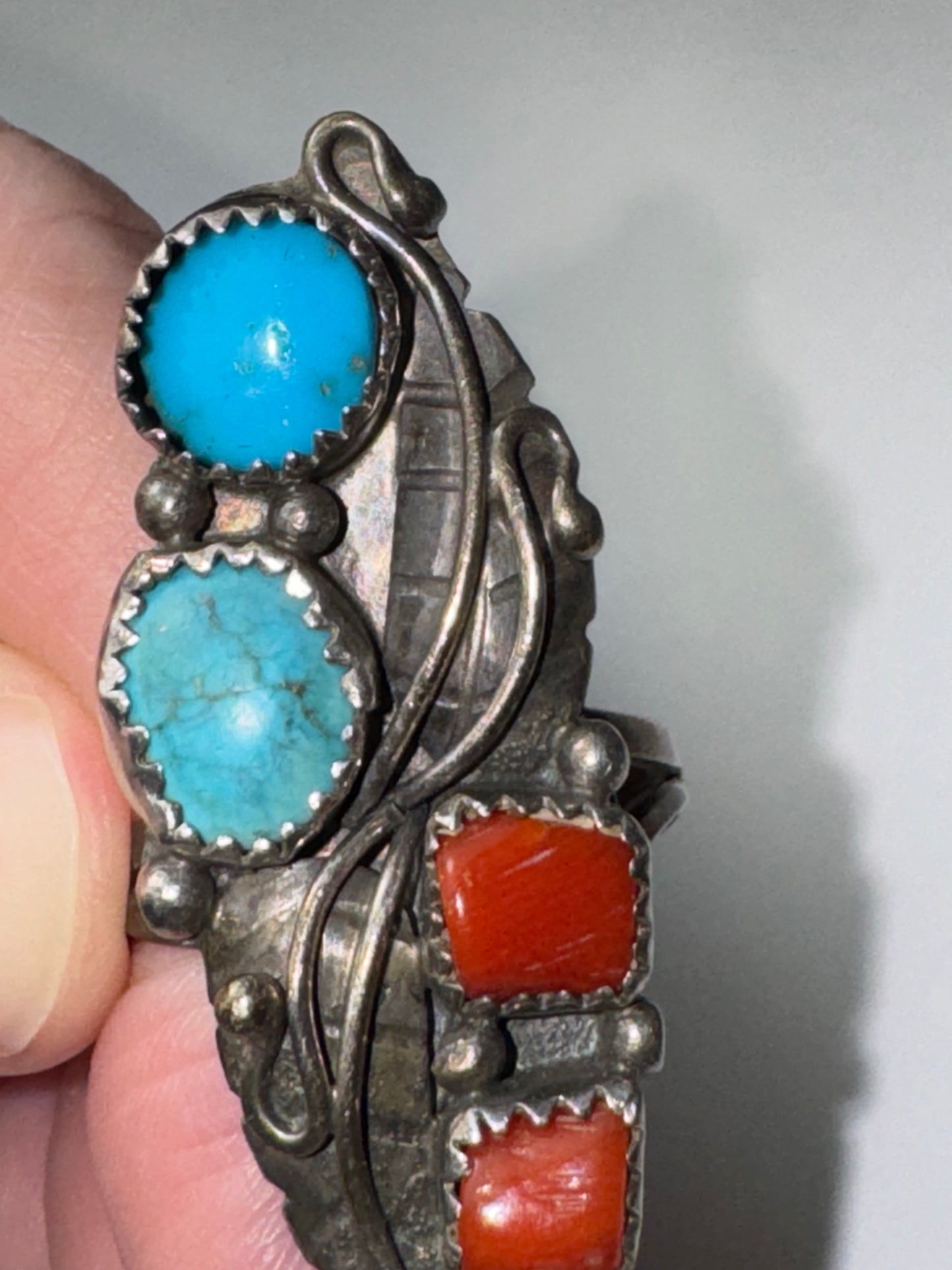 Sterling Silver Turquoise And Coral Ring, Size 9