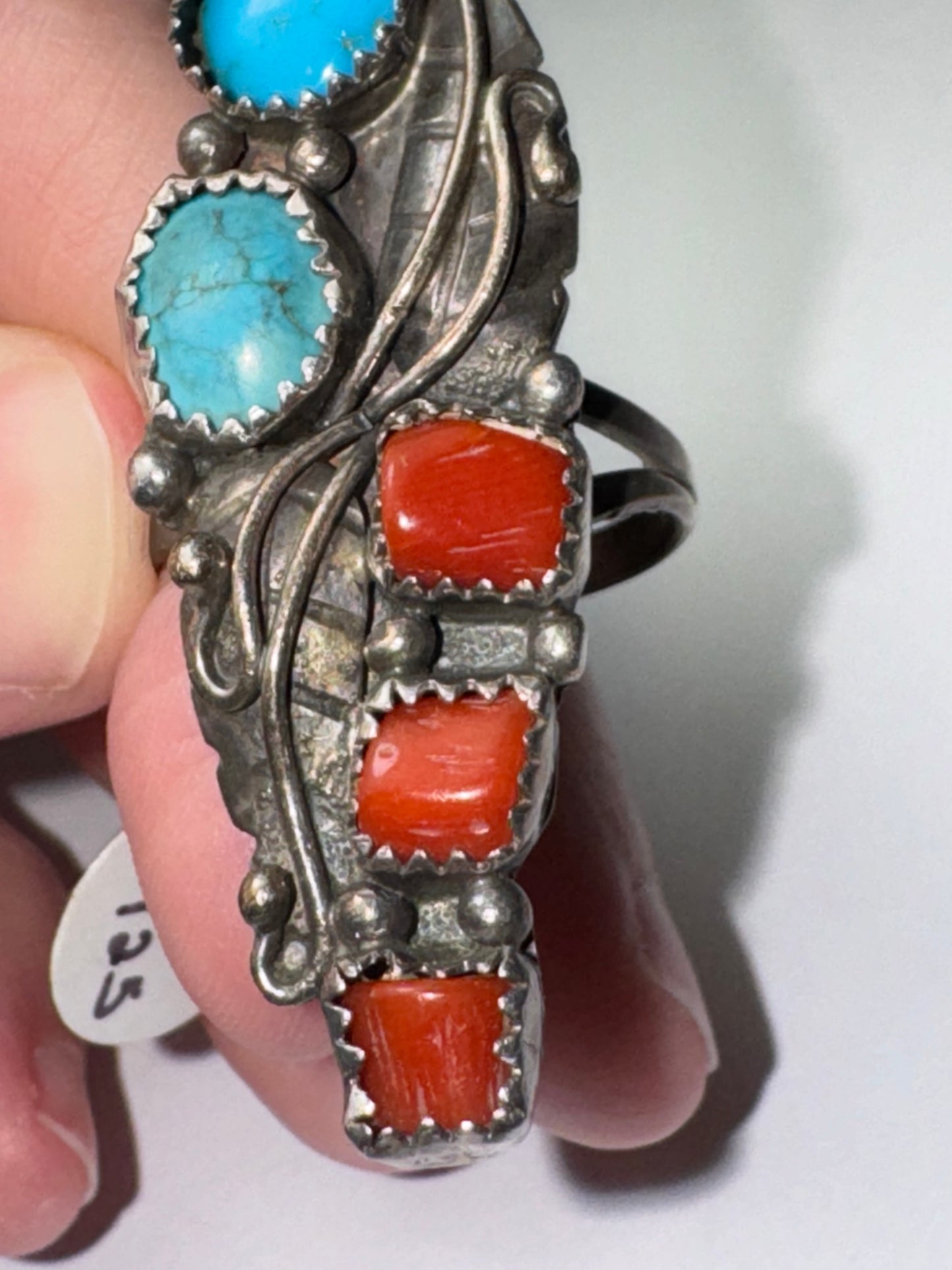 Sterling Silver Turquoise And Coral Ring, Size 9